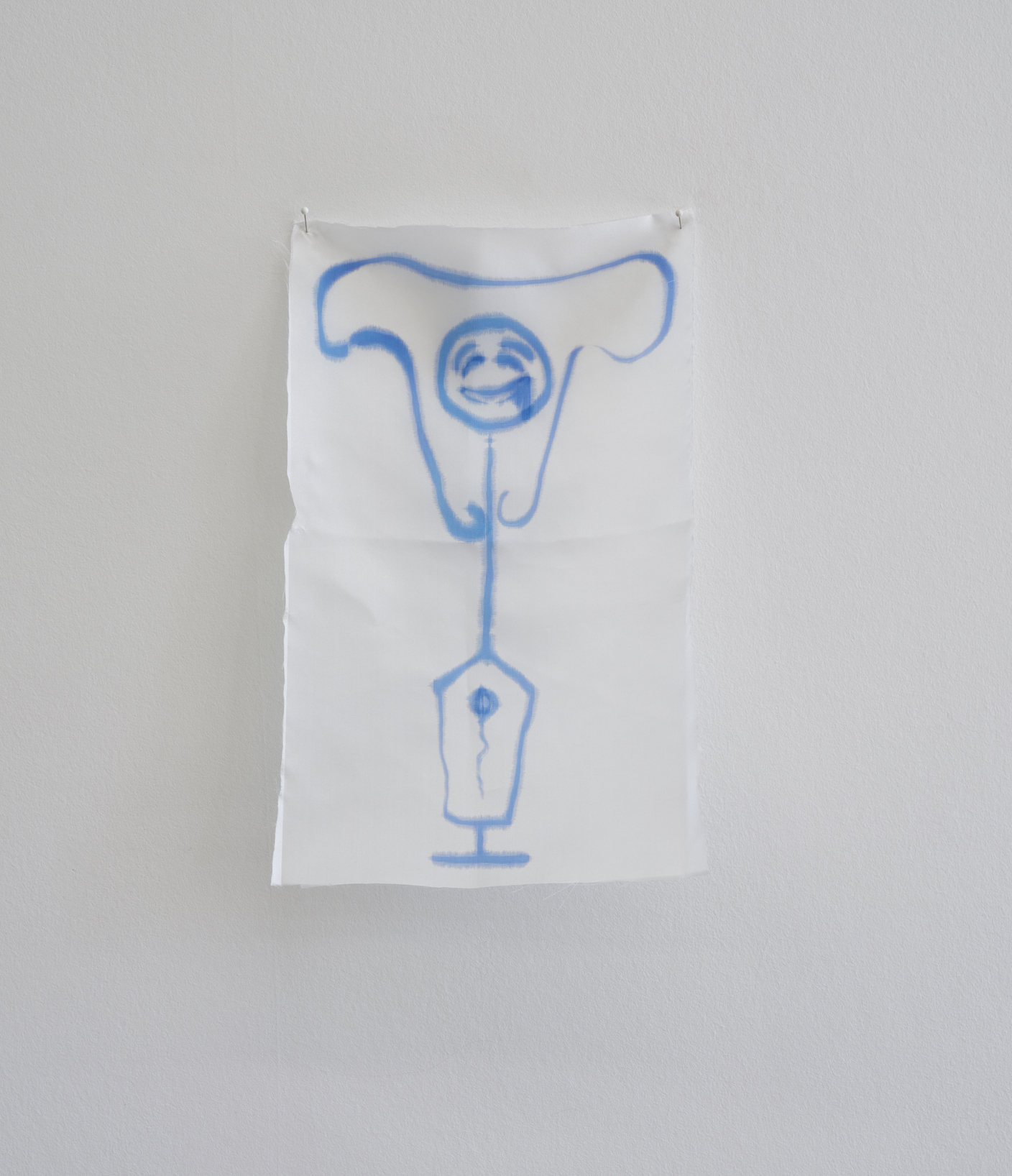 Sidsel Meineche Hansen: Methyline blue diluted by female ejaculation on silk fabric, 2021.