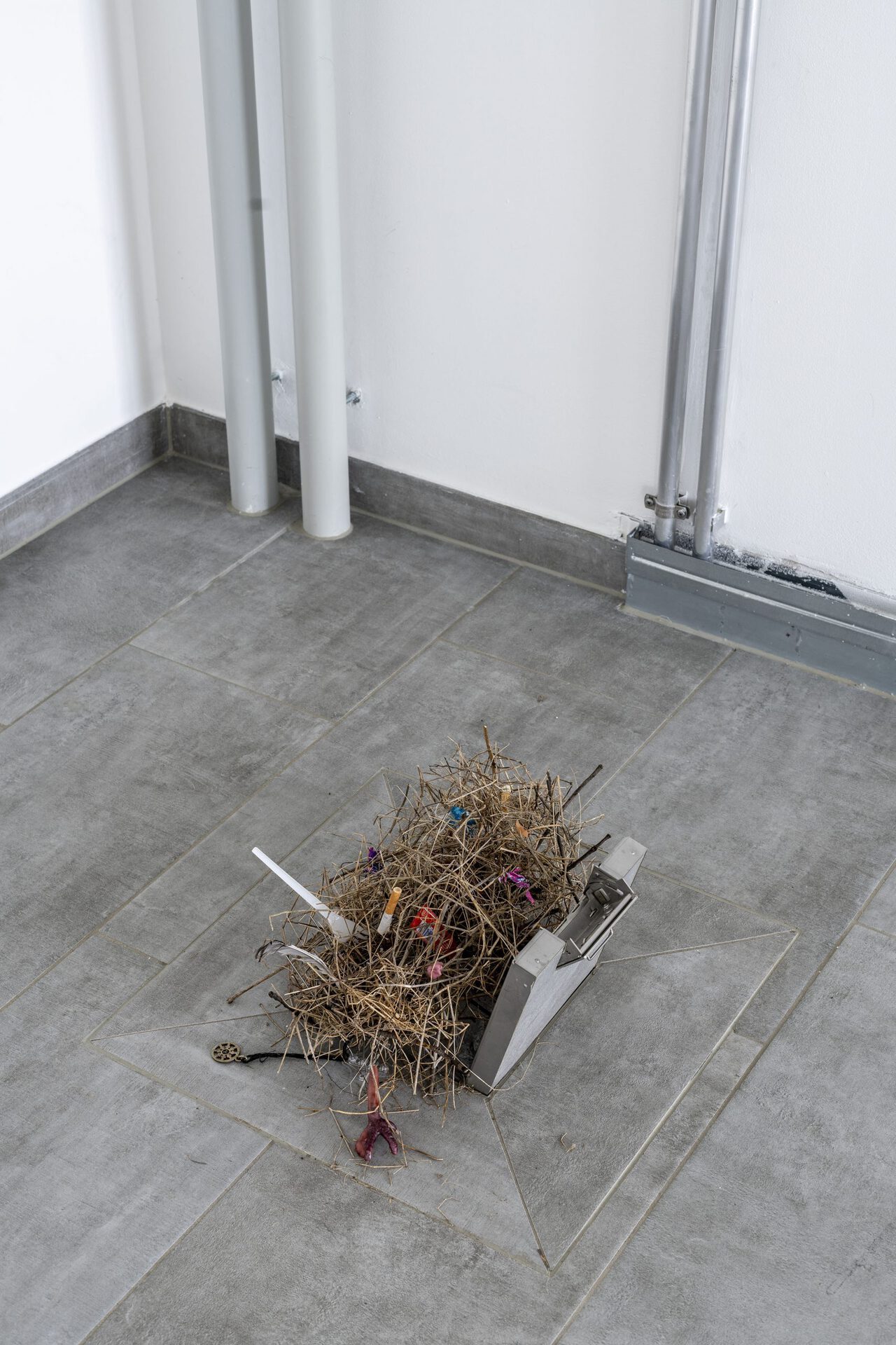 Ida Lennartsson, Avatar Blues (Homing P.), 2019 grass, cigarette butts, candy wrappers, wax bird's claw Photo: Helge Mundt