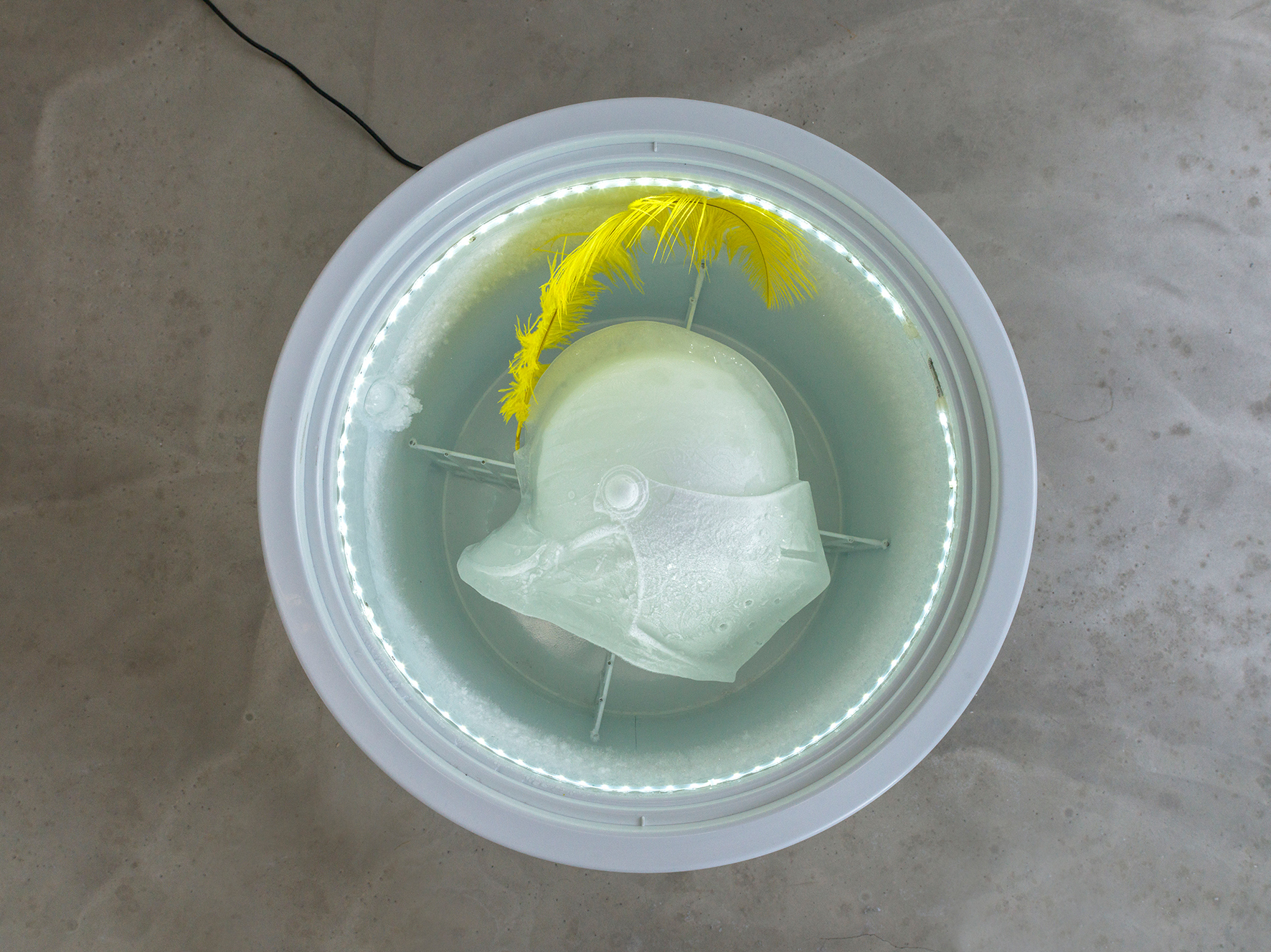 Mara Wohnhaas, “Ätzdekor”, 2021 Ice, feather, freezer, LED lighting, grid, Height: 82,5 cm, ø 56 cm,  Courtesy BQ, Berlin