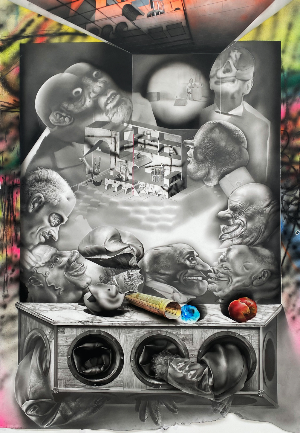 ROBERT MCNALLY Z Manifold, 2021 graphite/spray paint/acrylic paint on paper 235 x 150 cm Courtesy KOENIG2 by_ robbygreif, Vienna and the artist