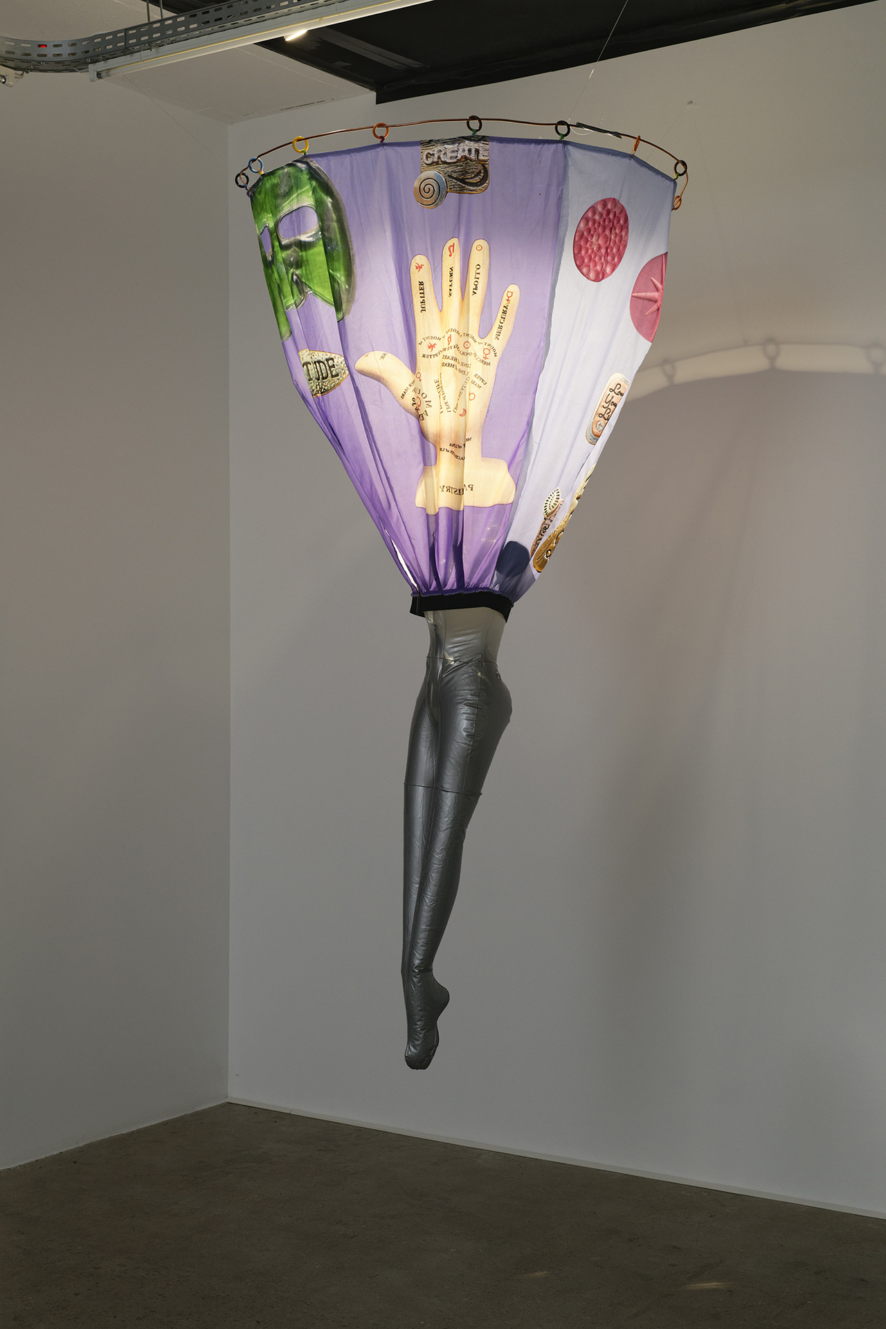 Shana Moulton, Untitled, 2021, inflatable doll, fabric, zinc, fishing wire, 220 × 100 × 100 cm