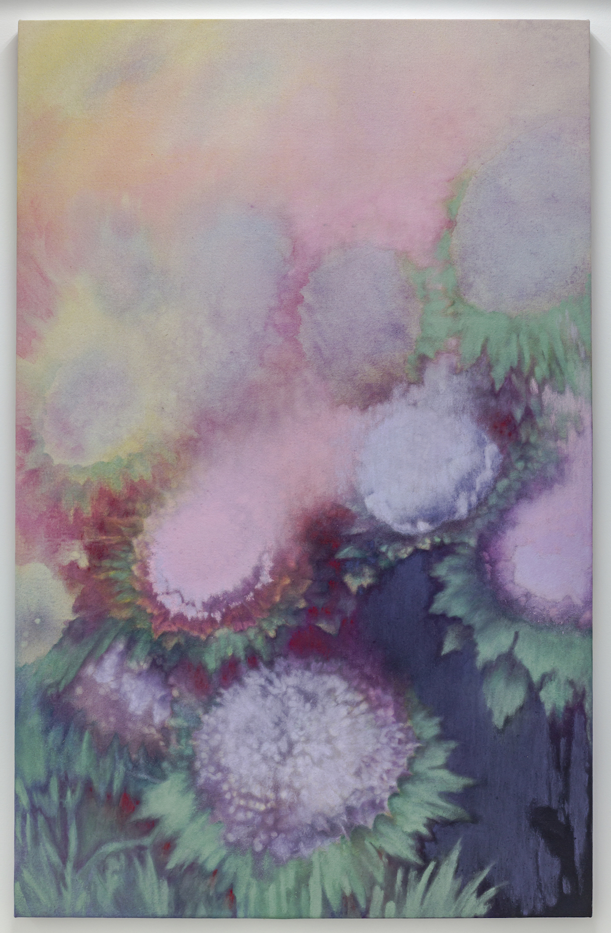 Mark Dudiak; “Rhodos and Peonies”; 2021; Acrylic paint, pigment, chalk, casein, and India ink on raw canvas; 29.5" X 46”