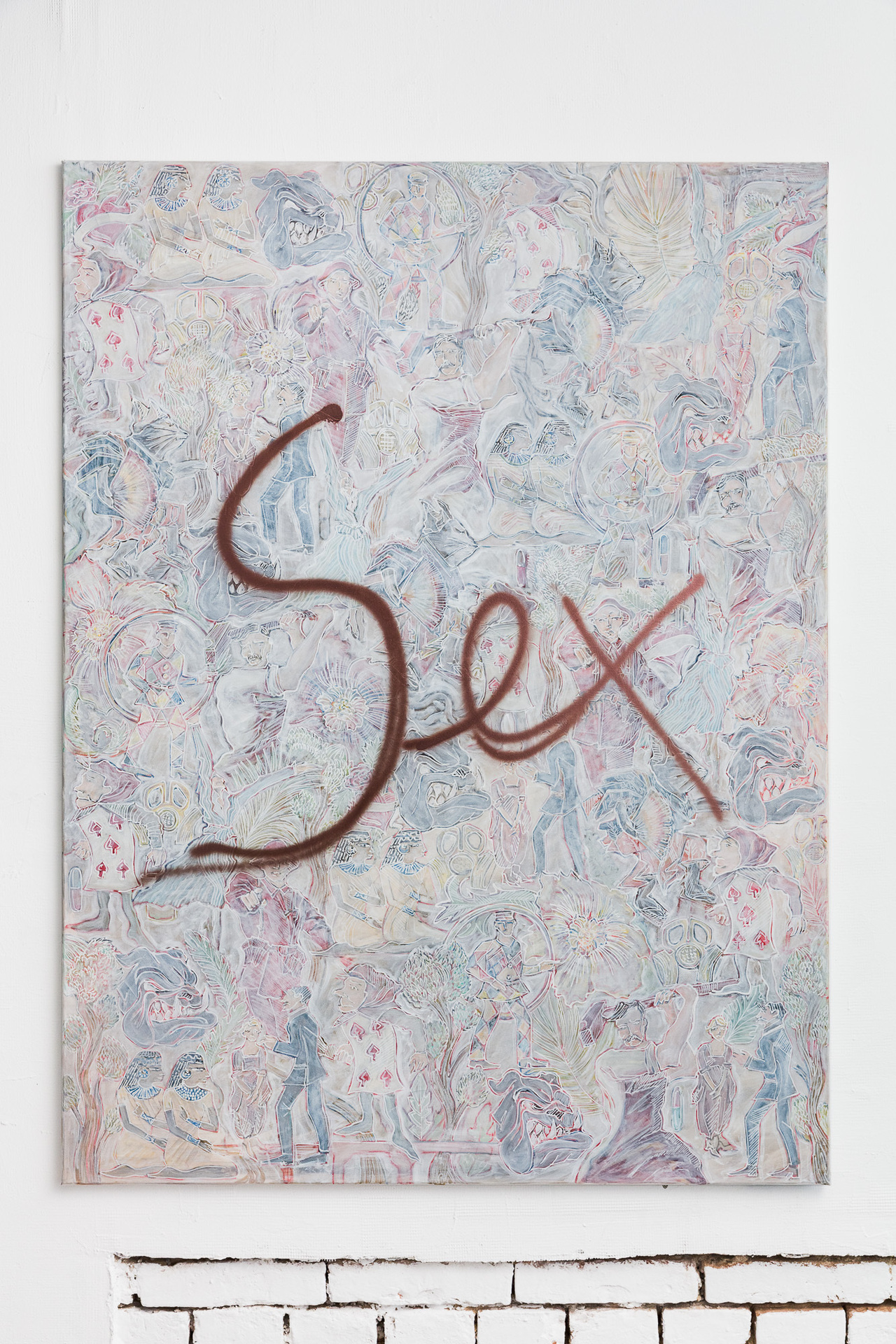 04. Daniel Moldoveanu, Sex, 2020, Acrylic, correction pen, white marker and spray on canvas, 160 x 120 cm