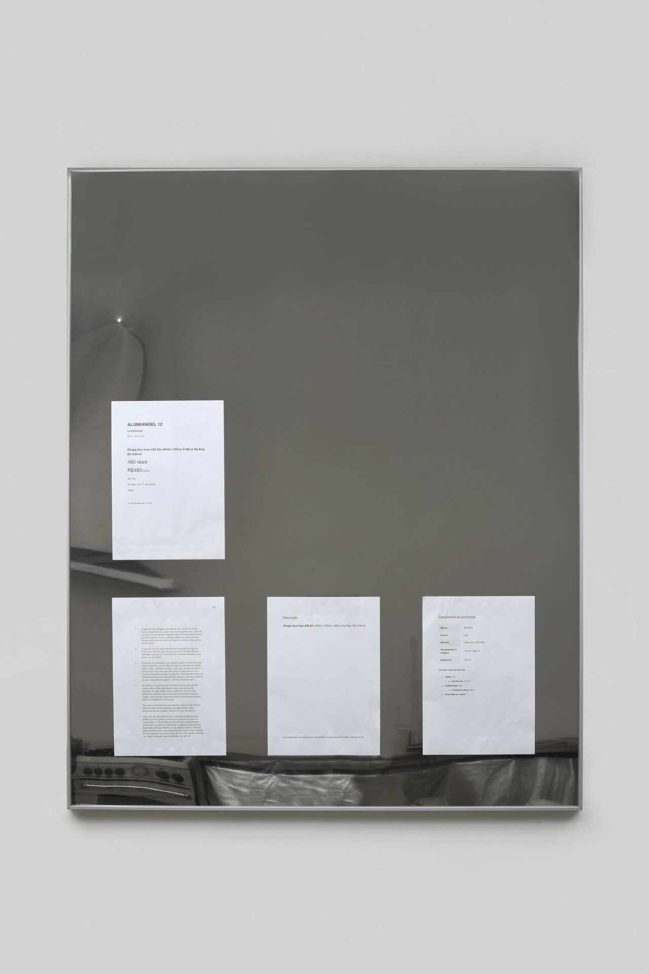 Wisrah Villefort. Sheet, 2021. Digital print on paper, stainless steel, glass and aluminum. 120 x 96 x 3 cm.