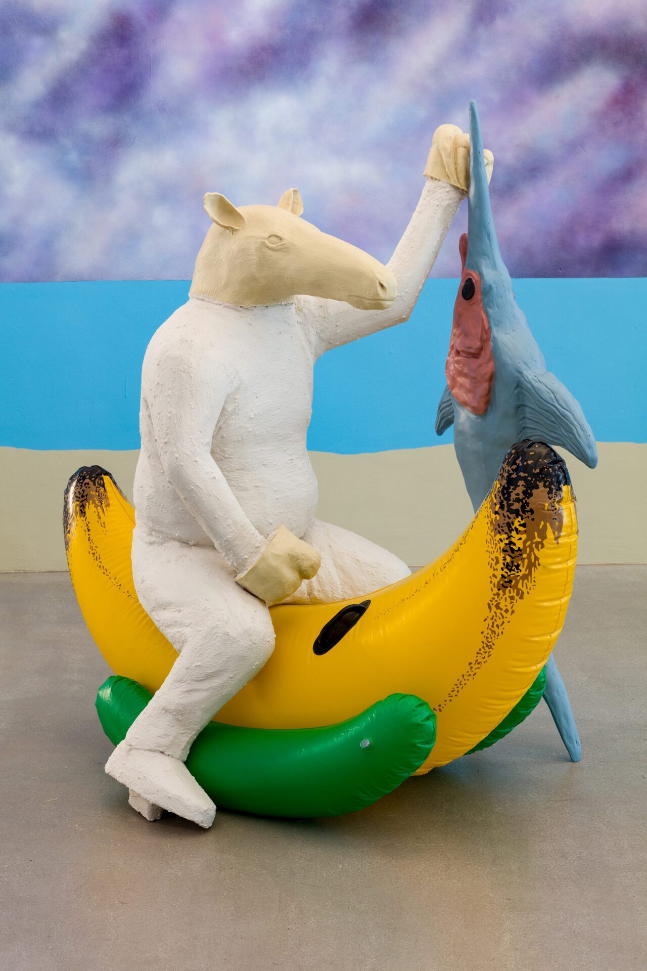 Gabriele Edlbauer, Lonesome Rider, 2019, polyurethane resin, acrylic resin, foam, wood, inflatable banana, spray paint