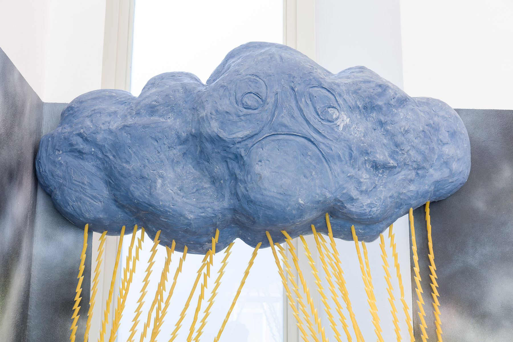 Gabriele Edlbauer & Julia Goodman, Eat Up Your Dinner Or It Will Rain Tomorrow, 2021, dyed acrylic resin, penne pasta, string, plywood