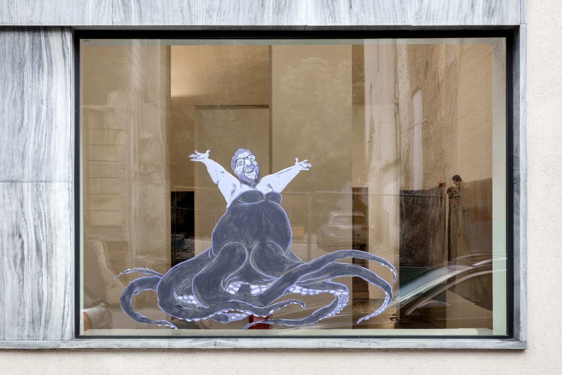 Gabriele Edlbauer & Julia Goodman, The Sun Brings the Dust, 2021, acrylic paint on window, speaker