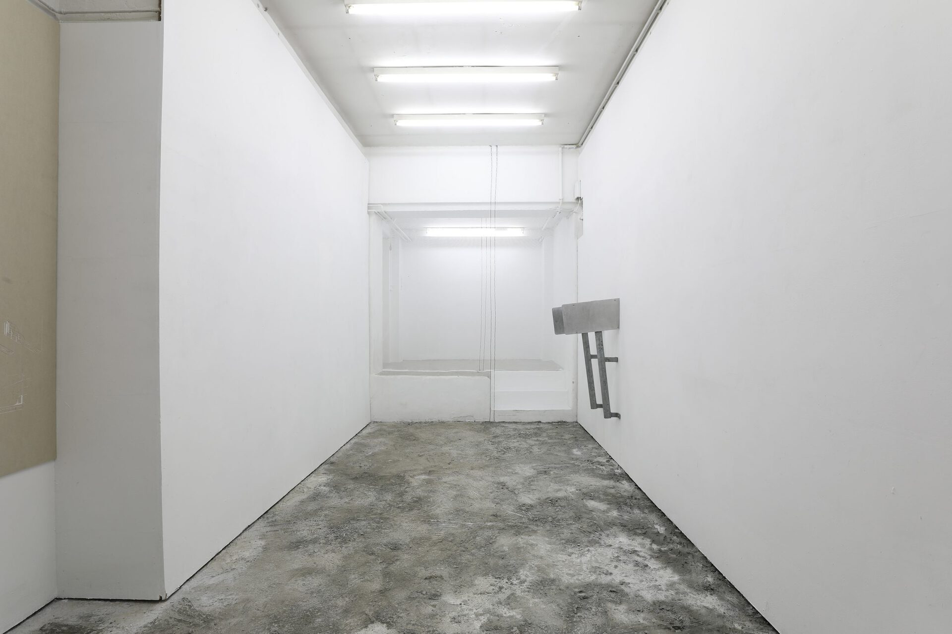 Rosario Aninat and Simon Shim-Sutcliffe, A66, Concrete, Scaffolding, Highway Mile Markers, Truck Mud Guard, White Tape, and Gips Board, Dimensions Variable