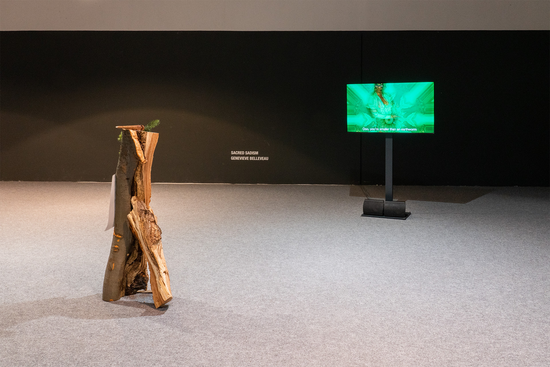 Sacred Sadism, Spiked!, 2021, Mixed media, salvaged elm, zinc alloy, plastic pine bough, poster print, salvaged log Dimensions variable, Genevieve Belleveau, POV: You Disgust Me, 2021, Video, 7:26 mins