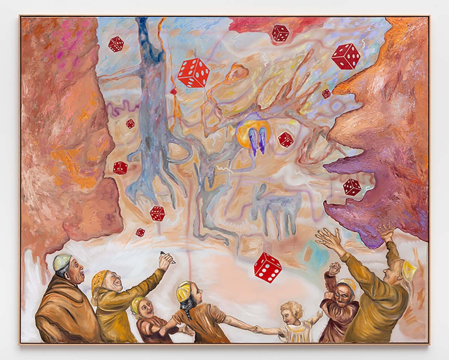 Anne Speier, Samstag, 2021, oil, acrylic and linoprint on canvas, 202 x 253 x 4 cm (framed)