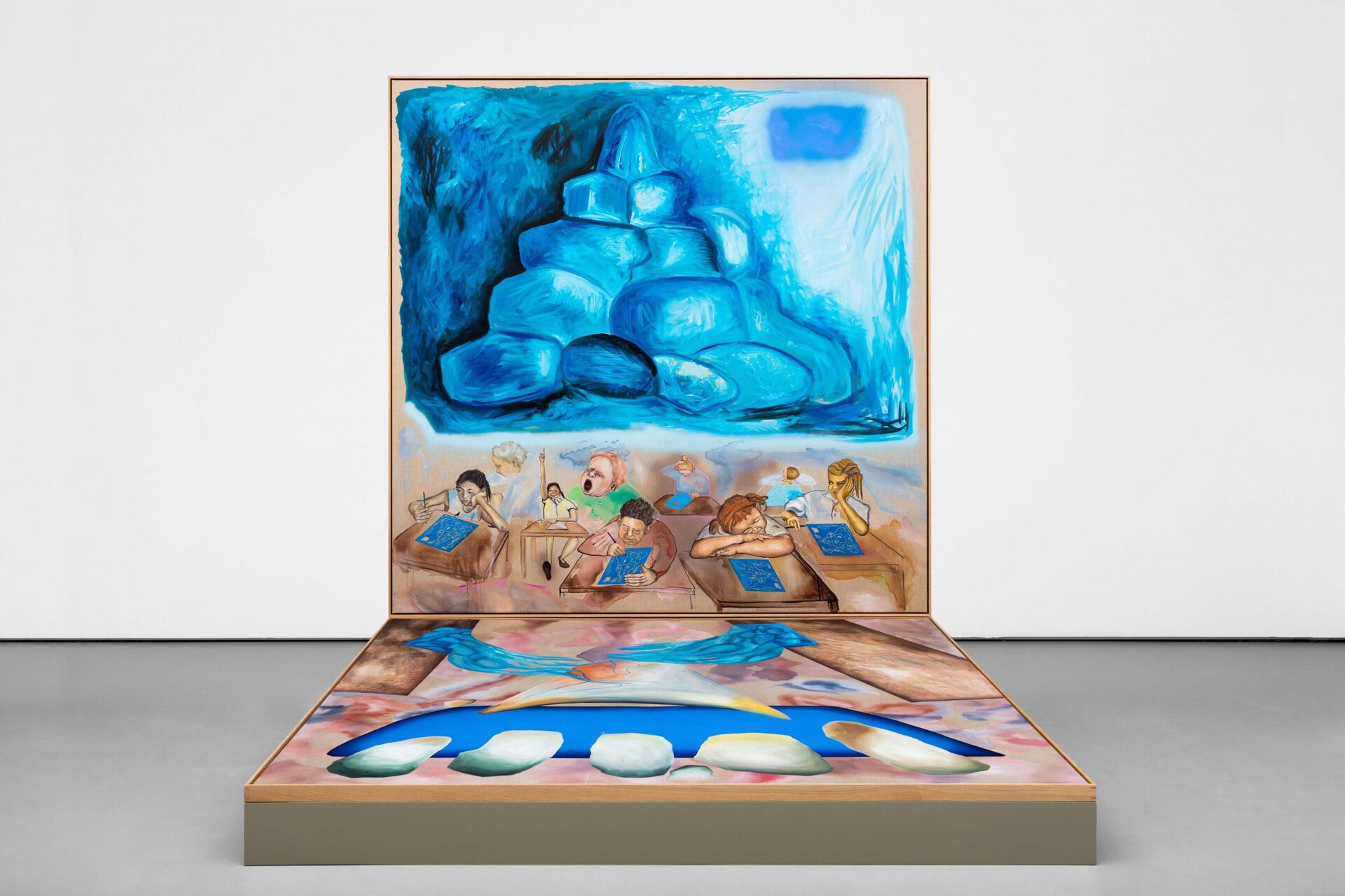 Anne Speier, Mittwoch, 2021, oil, acrylic, watercolours and linoprint on canvas, 202 x 202 x 4 cm (framed)