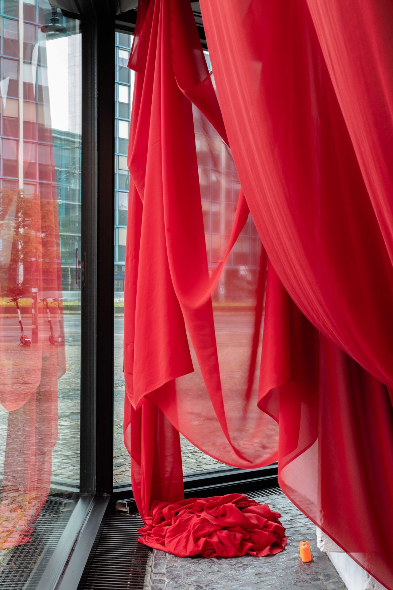 Vera Young, Red, 2021, site specific installation, red silk, mixed media