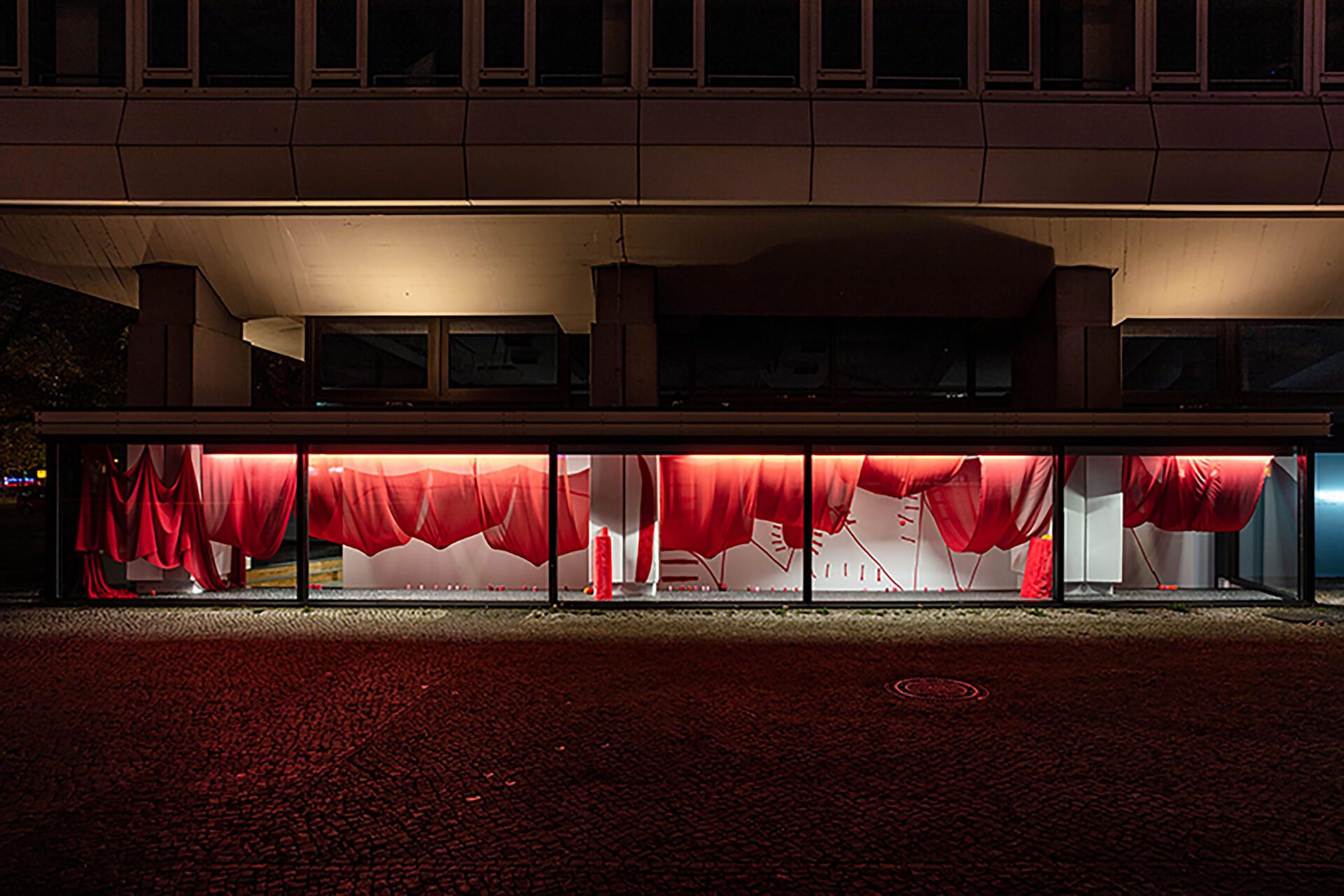 Vera Young, Red installation shot, 2021, site specific installation, red silk, mixed media