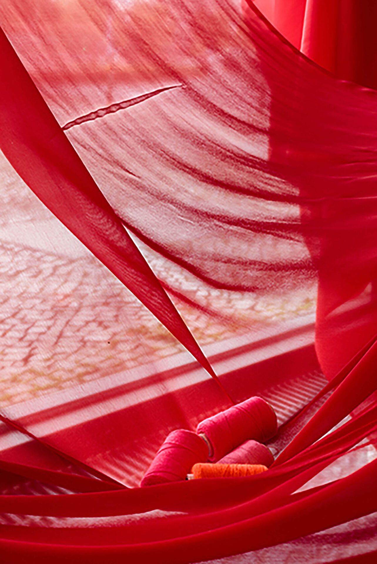 Vera Young, Red installation shot, 2021, site specific installation, red silk, mixed media