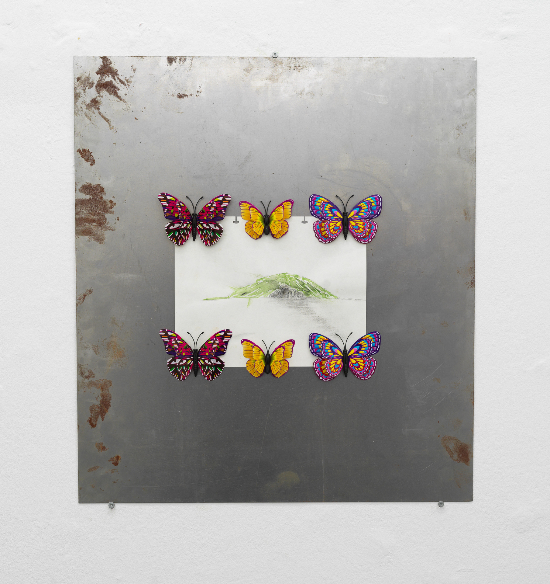 Artist: Theodor Nymark Title: Bulletin. 2 Year: 2021 Materials: Magnetic butterflies & watercolor on paper attached to iron plate.