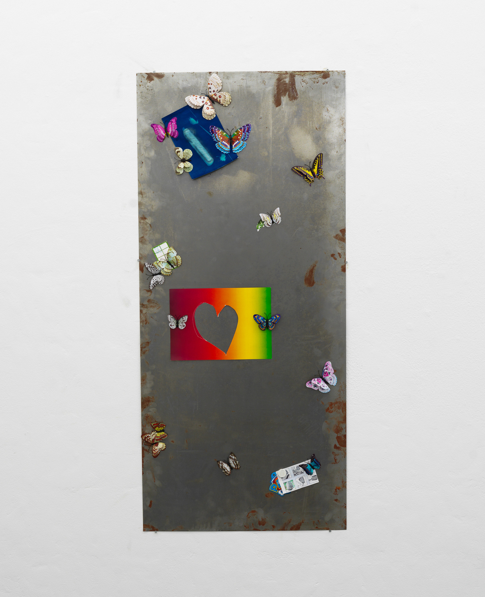 Artist: Theodor Nymark Title: Bulletin. 3 Year: 2021 Materials: Magnetic butterflies, paper cutouts, cyanotype, manual from beehive decoy & label from Paw Patrol sleeping bag attached to iron plate.