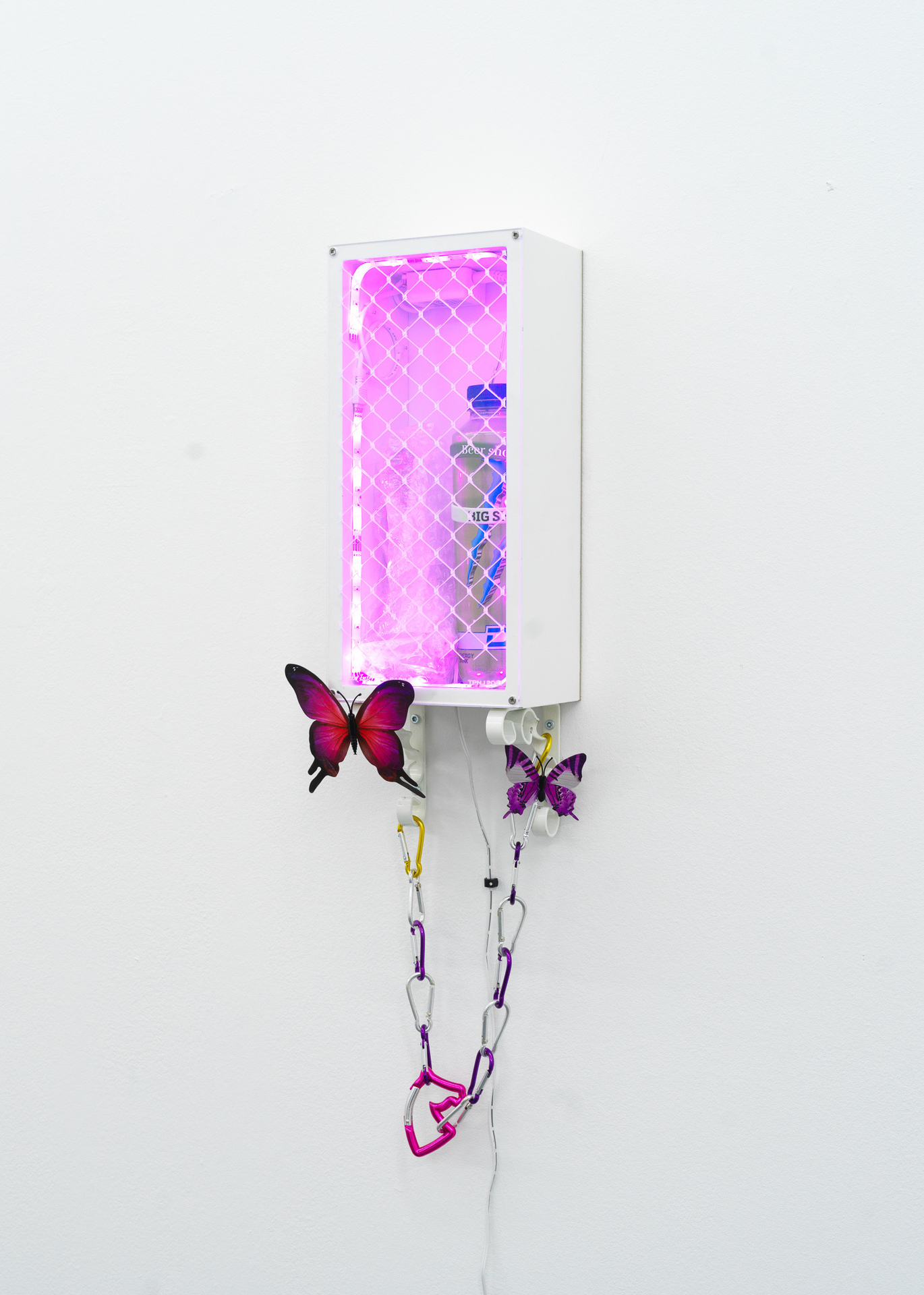 Artist: Theodor Nymark Title: Psyche Interior — Cabinet. 1 Year: 2021 Materials: Bookcase, LED light, laser engraved plexiglas, magnetic butterflies, carabiners, ornamented shelf brackets and custom electrical cord. Contents: Deer bone wrapped in bubblewrap & empty Monster Energy Hydra with attached silicone bracelets.
