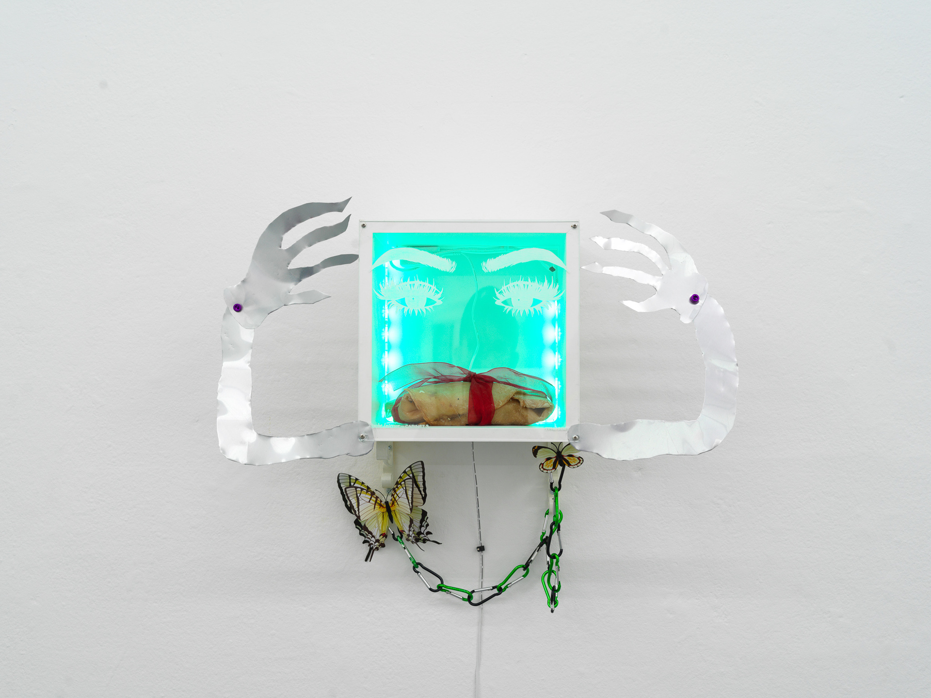 Artist: Theodor Nymark Title: Psyche Interior — Cabinet. 3 Year: 2021 Materials: Bookcase, LED light, laser engraved plexiglas, magnetic butterflies, carabiners, hand-cut aluminum, dyed bolts, ornamented shelf brackets and custom electrical cord. Contents: Hair of a Lagotto Romagnolo(truffle/marsh dog) wrapped in scoby leather and silk ribbon.