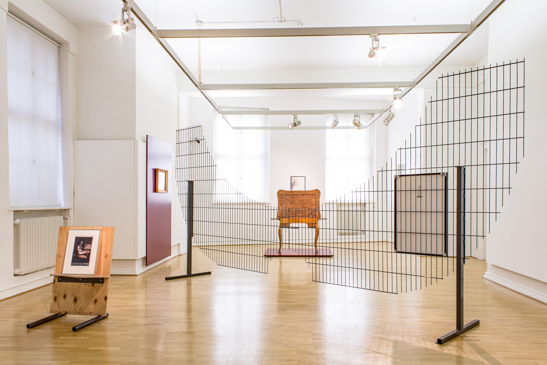 Installation view, Christoph Westermeier, Elmar Hermann, Ani Schulze, transforming table by Abraham Roentgen