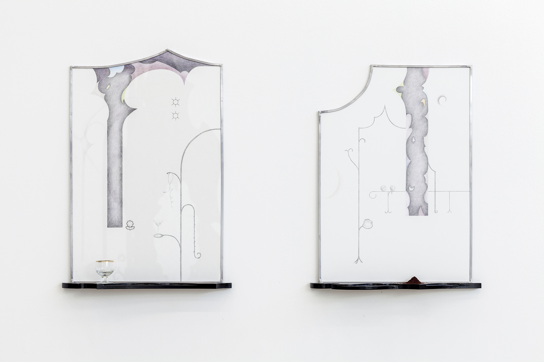Anna Mari Liivrand. Prick of a Daisy. Evening Curves I &amp; II. Graphite and colored pencil on paper, plywood, black paint, glass, tin. Photo by Roman-Sten Tõnissoo