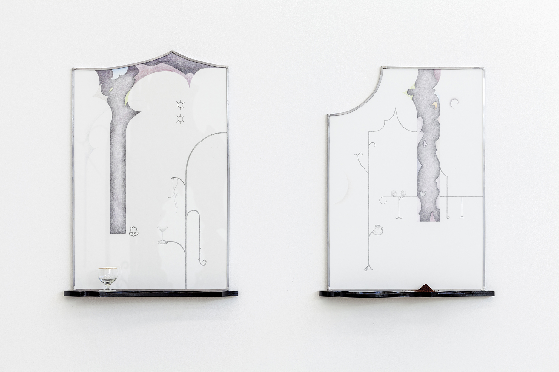 Anna Mari Liivrand. Prick of a Daisy. Evening Curves I & II. Graphite and colored pencil on paper, plywood, black paint, glass, tin. Photo by Roman-Sten Tõnissoo