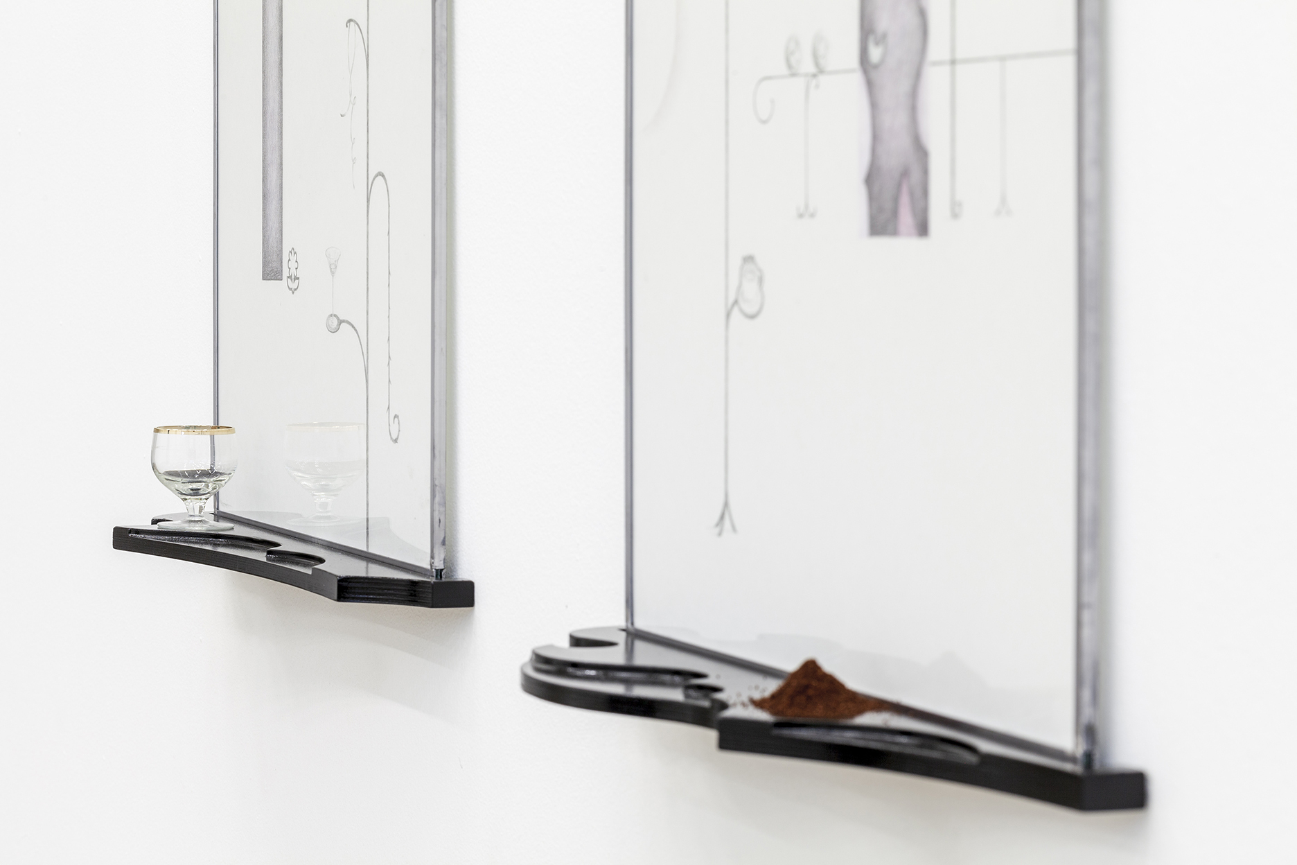 Anna Mari Liivrand. Prick of a Daisy. Evening Curves I & II. Graphite and colored pencil on paper, plywood, black paint, glass, tin. Detail view. Photo by Roman-Sten Tõnissoo