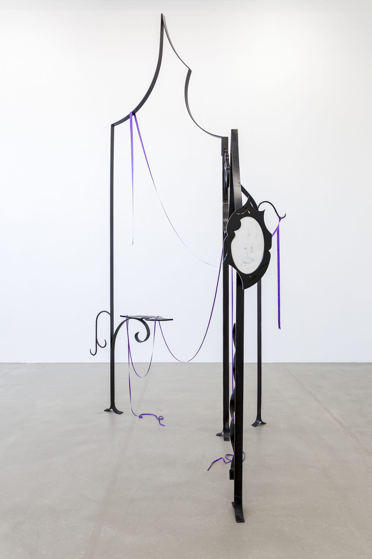 Anna Mari Liivrand. Prick of a Daisy. Structure for a Pause I. Iron, plywood, black and gold paint, brass, graphite and colored pencil on paper, purple and gold ribbons. Photo by  Roman-Sten Tõnissoo