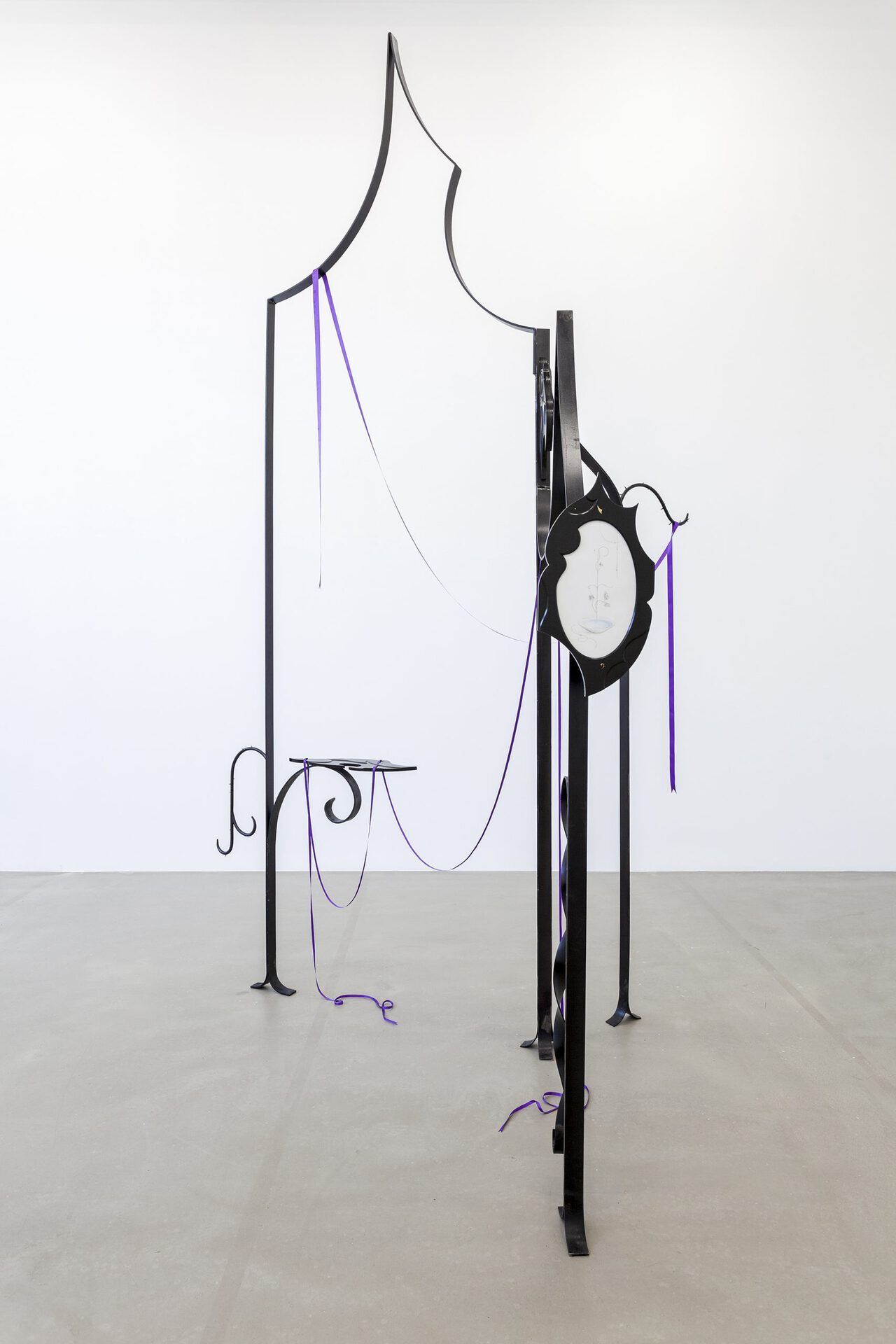 Anna Mari Liivrand. Prick of a Daisy. Structure for a Pause I. Iron, plywood, black and gold paint, brass, graphite and colored pencil on paper, purple and gold ribbons. Photo by Roman-Sten Tõnissoo