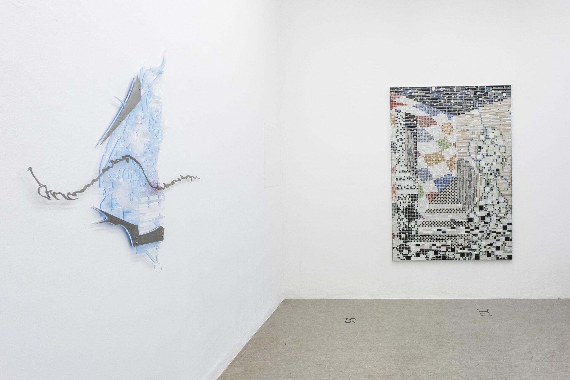 Line Lyhne: Hearing the house slip, 2021, Mosaic relief, 190 x 129 cm, Jamie Shi: Errantry, 2021, Plexiglass, metal, color, 60 x 95 cm