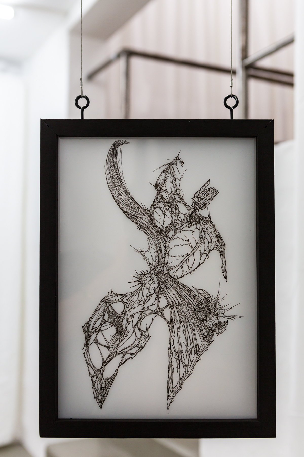 Sophie Hoyle, 'Unwanted Contact...'(2019), Drawing on acetate, wood, perspex, led lights, hanging wire