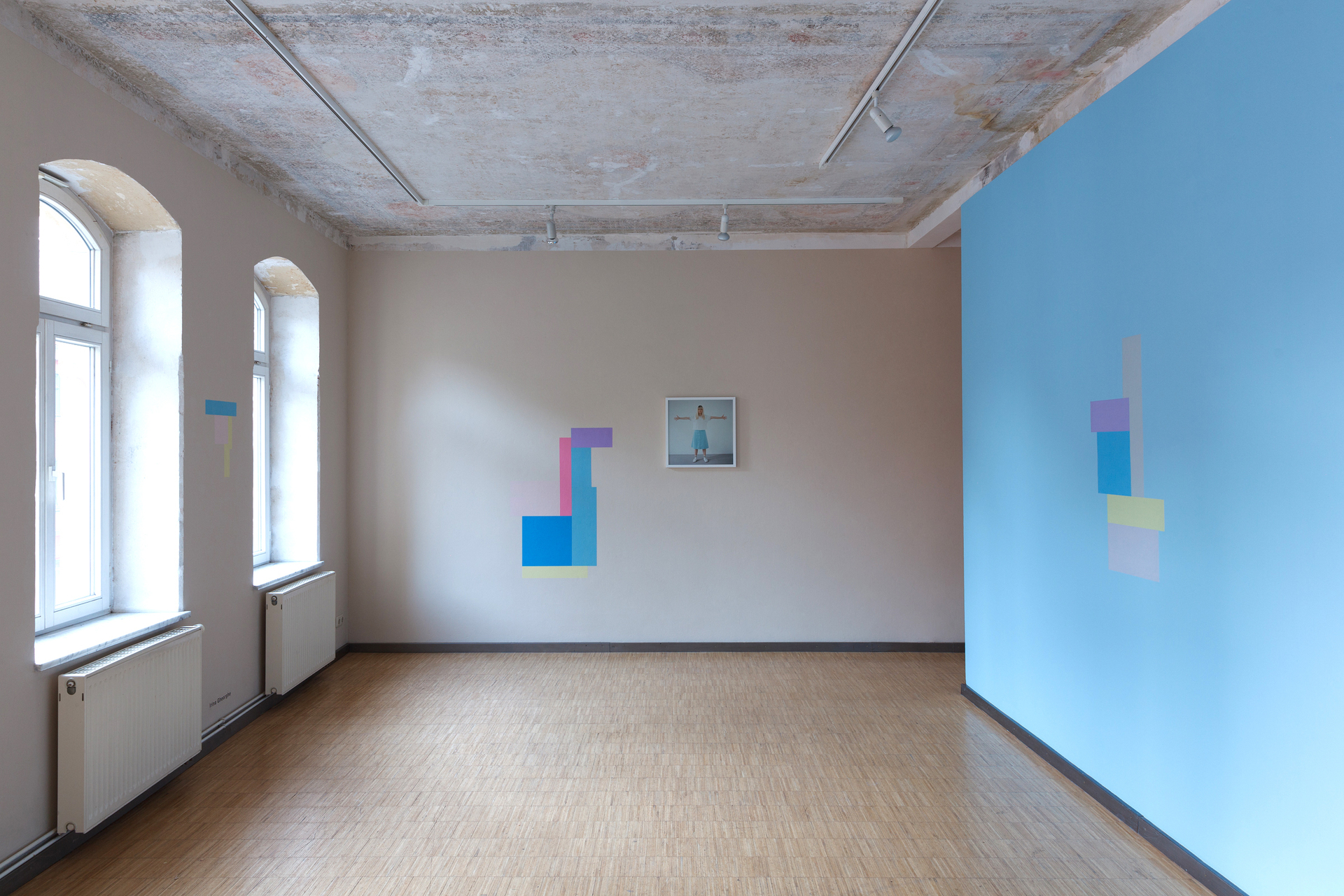 Exhibition view, Irina Gheorghe, 'Methods for the Study of What Is Not There', mixed media installation (tape on wall, photography, paint, dimensions variable)