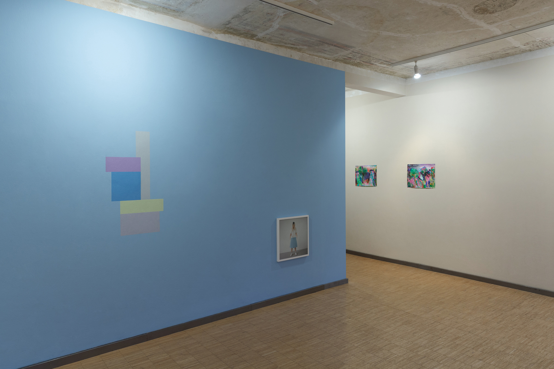 Exhibition view, Irina Gheorghe, 'Methods for the Study of What Is Not There', mixed media installation (tape on wall, photography, paint, dimensions variable); René Spitzer (on the right side)
, 'De-extinction DKPL2', 
2021
 and 'Sunset Ah Ah', 2021, both watercolour on paper
