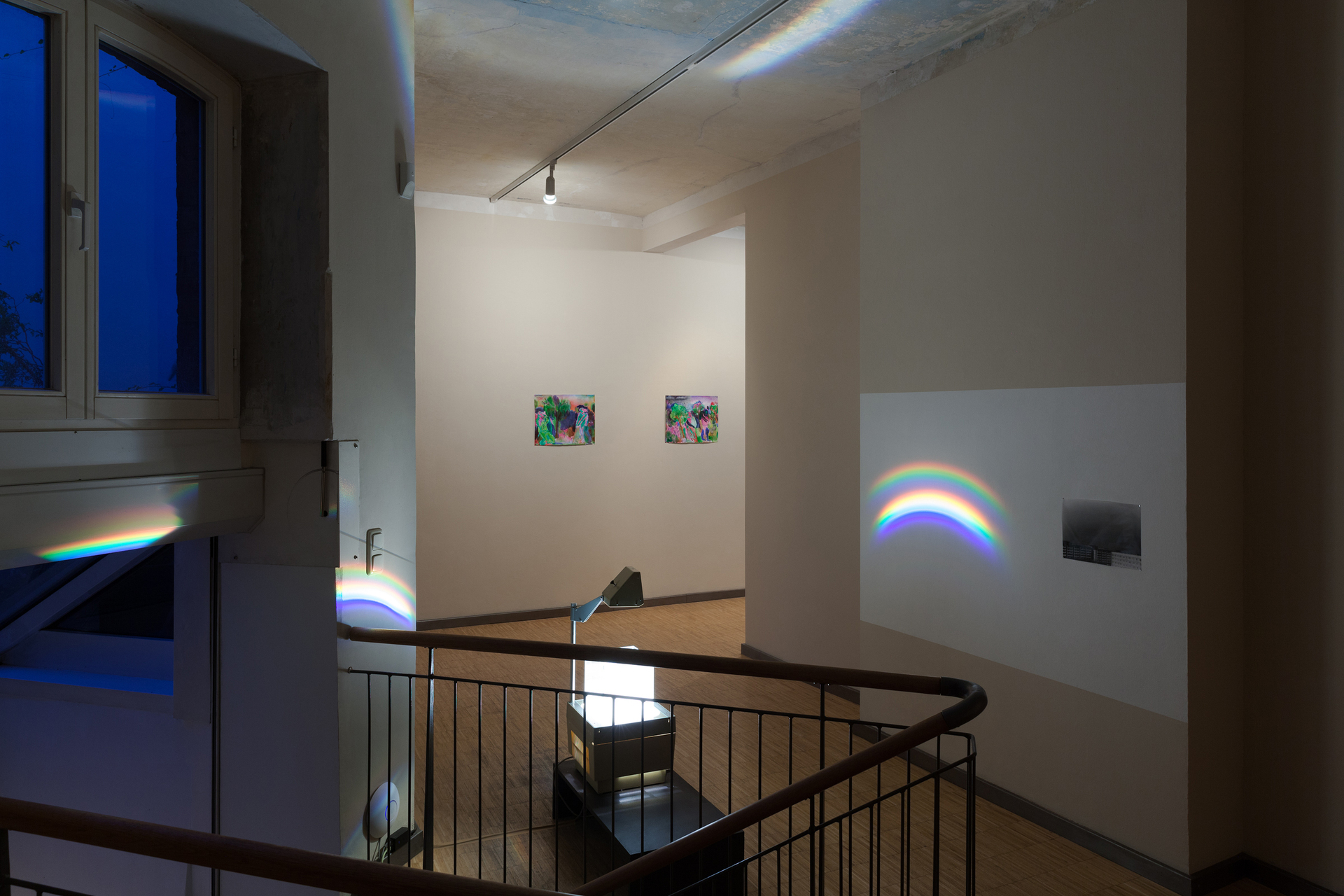 Exhibition view, Kristin Wenzel (in the front), 'How to make a rainbow`, 2018, mixed media installation, Courtesy Kristin Wenzel &amp; VG Bild-Kunst, René Spitzer
, 'De-extinction DKPL2', 
2021
 and 'Sunset Ah Ah', 2021, both watercolour on paper