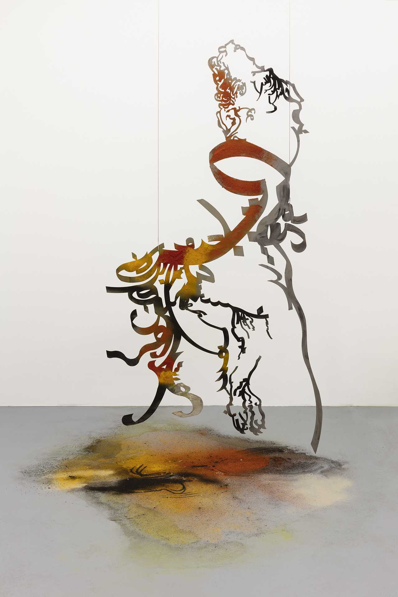 Monia Ben Hamouda, Aniconism as Figurative Urgency (Thalaathah), 2021, Laser cut steel, spice powders, circa: 177 × 93 × 0.3 cm