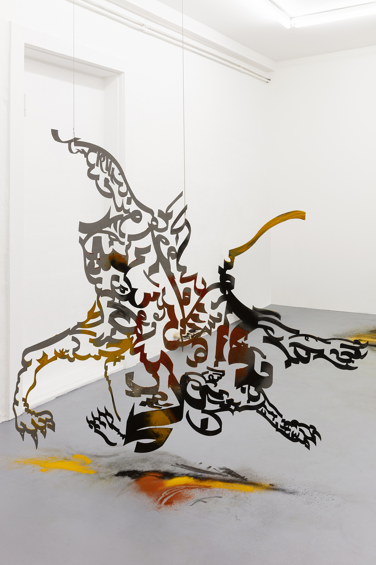 Monia Ben Hamouda, Aniconism as Figurative Urgency (I thnan), 2021, Laser cut steel, spice powders, circa: 136.7 × 144 × 0.3 cm