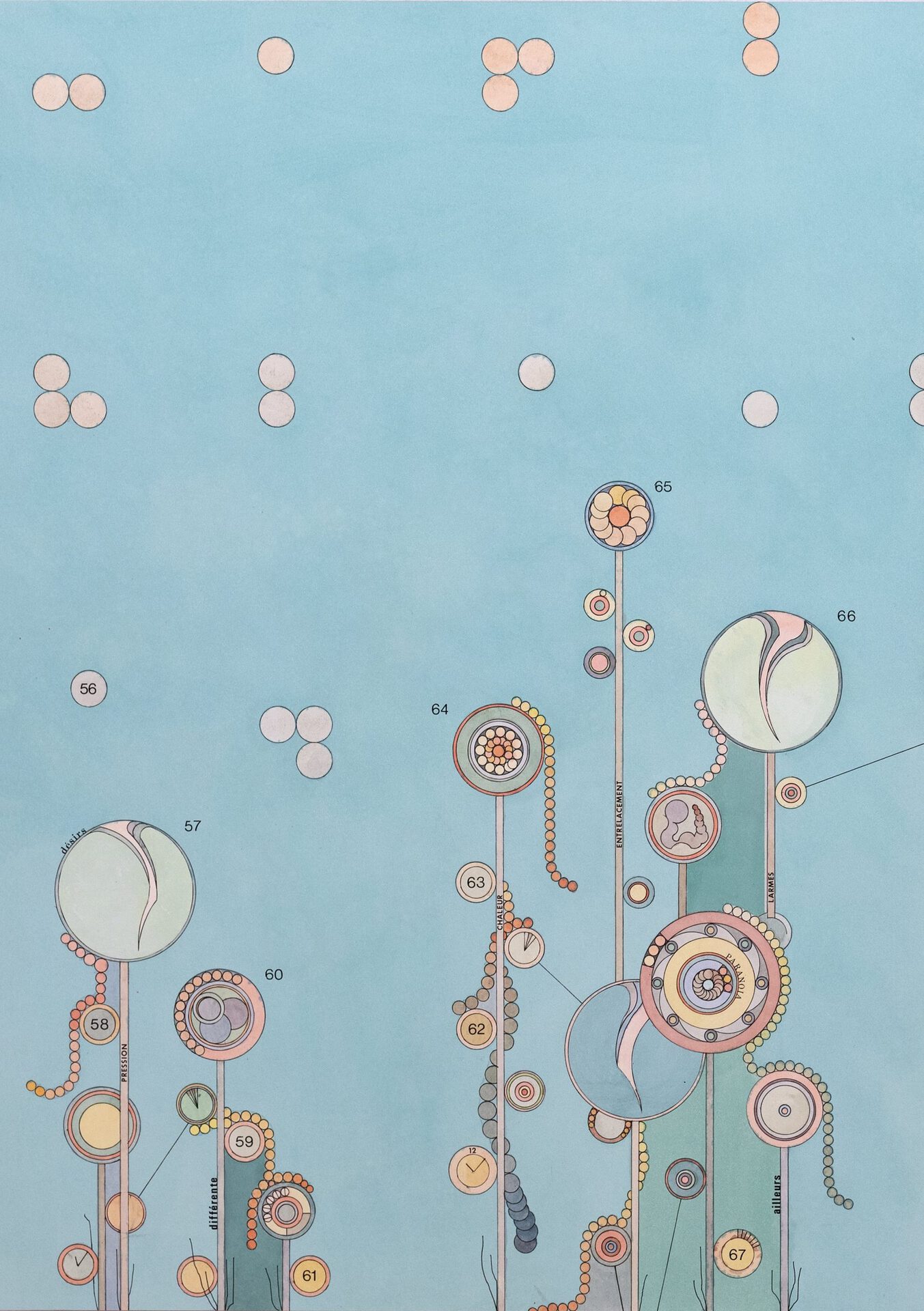 Alan Schmalz, désirs (larmes), 2021, watercolor, ink, oil and Letraset on paper mounted on aluminium, 49,5 x 70 cm, Photo: Flavio Karrer, Courtesy: the artist, Sentiment, 2021