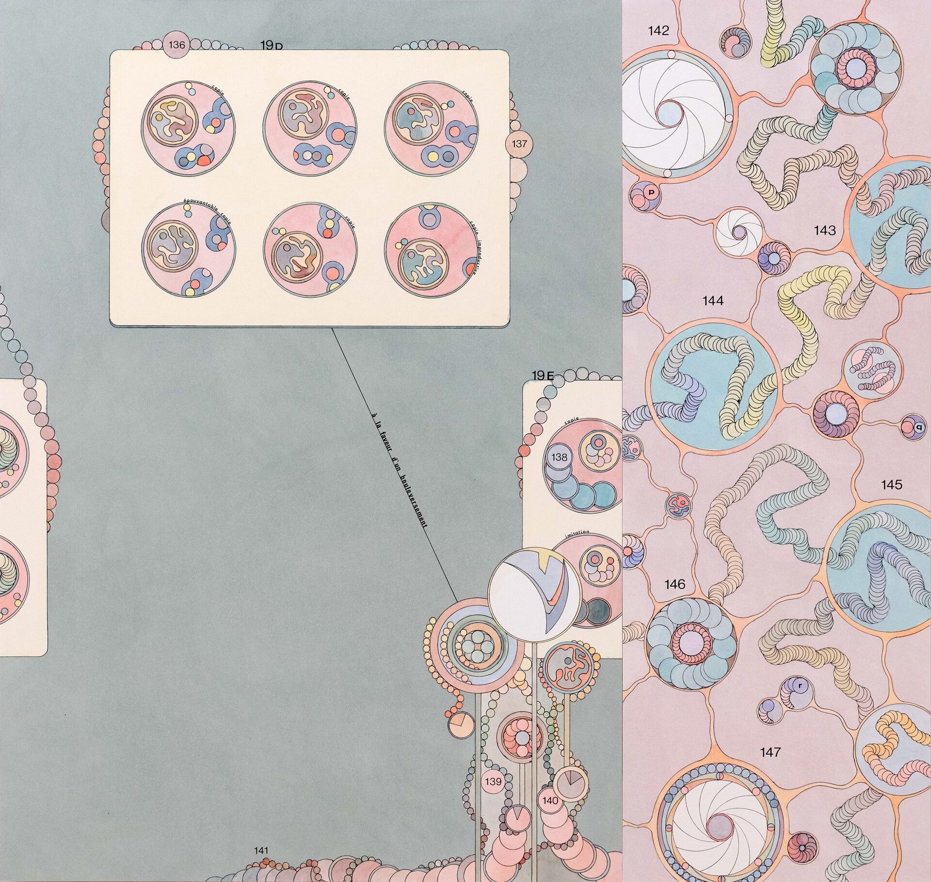 Alan Schmlz, à la faveur d’un bouleversement, 2021, watercolor, ink, oil and Letraset on paper mounted on aluminium, 49,5 x 70 cm and 142 - 147, 2021, watercolor, ink, oil and Letraset on paper mounted on aluminium, 24,5 x 70 cm