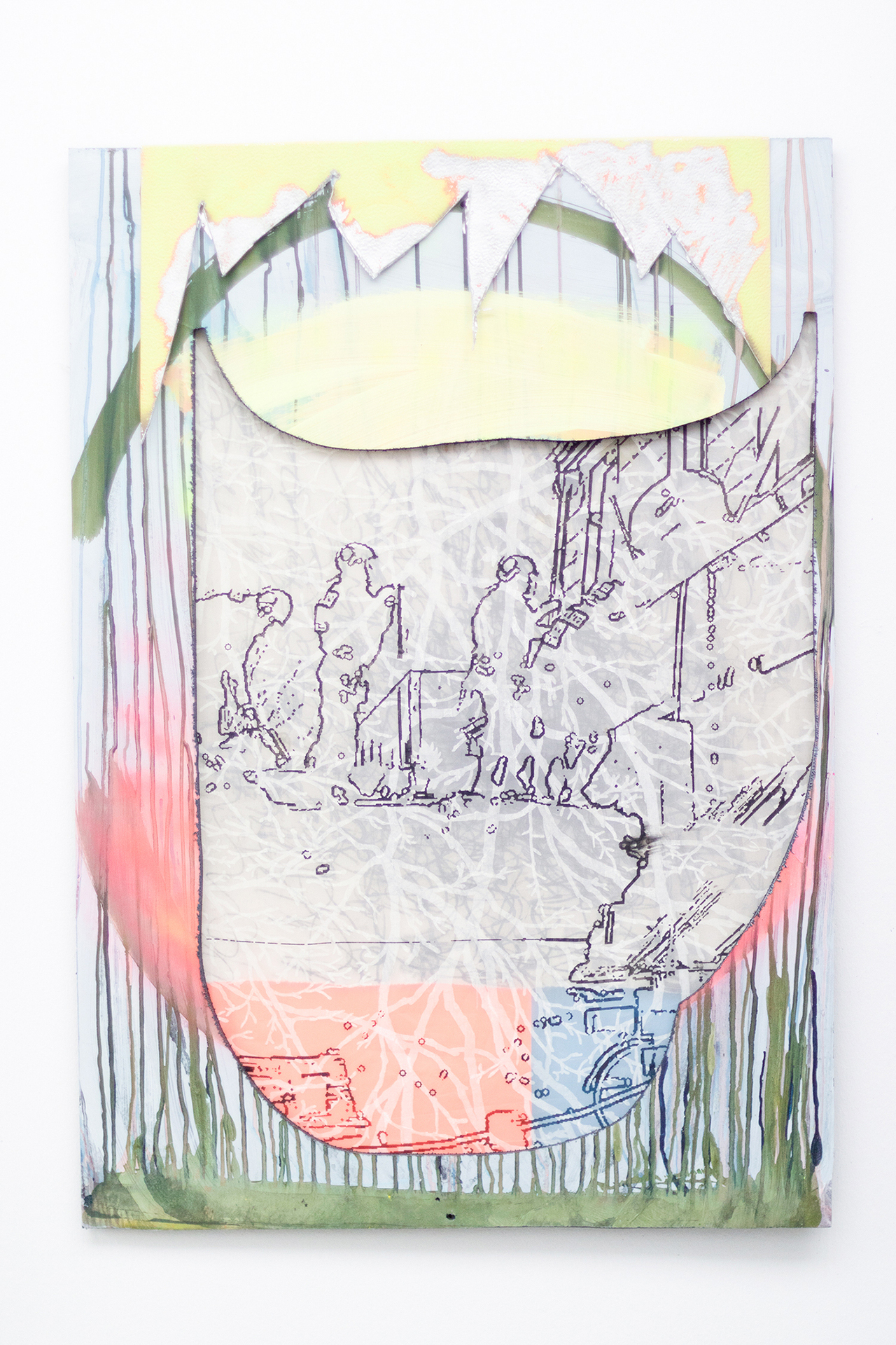 Maria Braune, Erik Esso, Tim Freiwald, Florian Kuhn, Schirin Kretschmann, Manuel Strauß, TCL 1, 2021, hard foam panels, screen printing on textile, aluminium, pe foils and acrylic paint, 104 x 73 x 2 cm