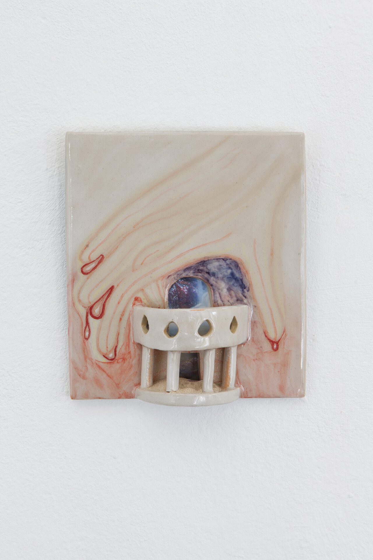 balcony tile #2, 2021, underglaze-paint on stoneware, sand, seashell and Collage, 15,3 x 13,6 cm