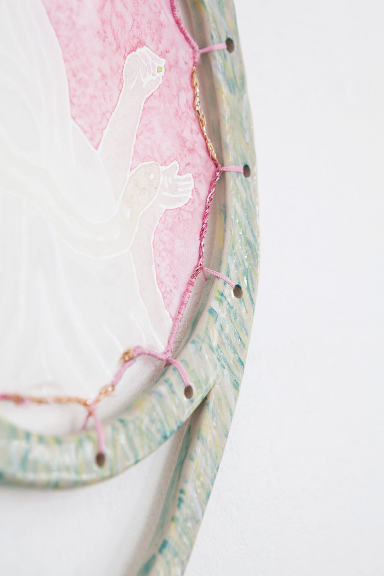 (detail) beyond the racked veil, 2021, underglaze-paint on stoneware, silk paint on silk and acrylic on fabric, 40 x 20 cm