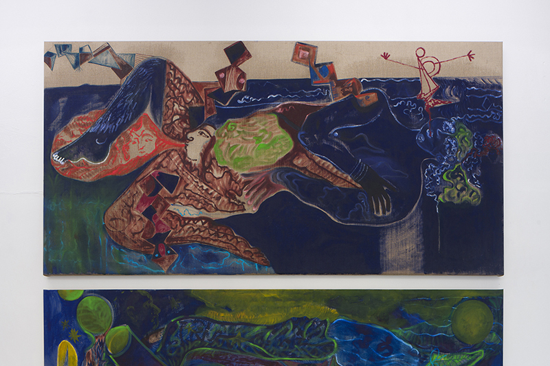 18. Alice Visentin, Man with a Child in the Belly, 2021 (Oil, acrylic, coloured pencil on canvas, 100 x 200 cm).