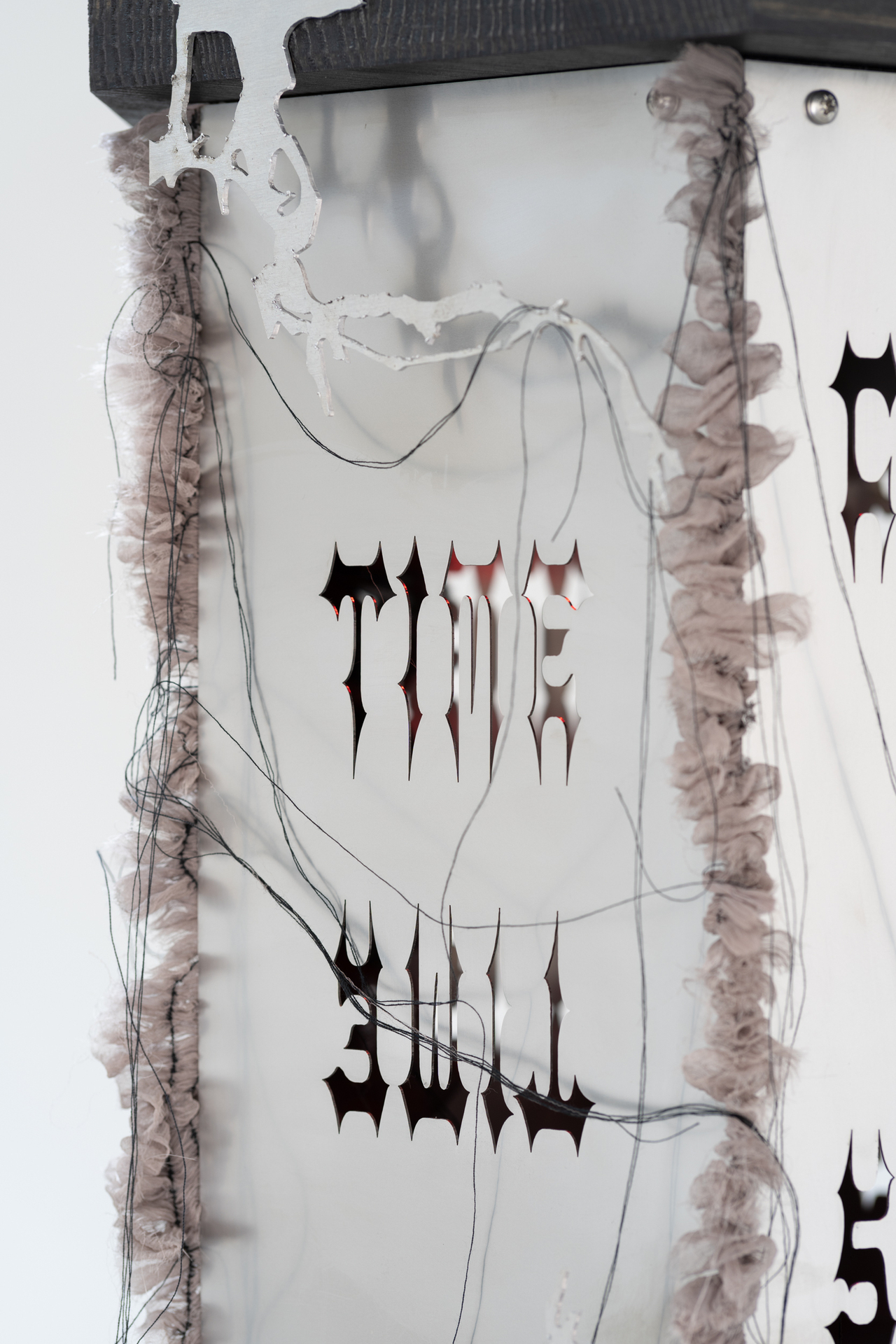 Inside Job (Ula Lucińska & Michał Knychaus), Kerosene (Time comes round), steel, wood, light, silk, aluminium, 2021
