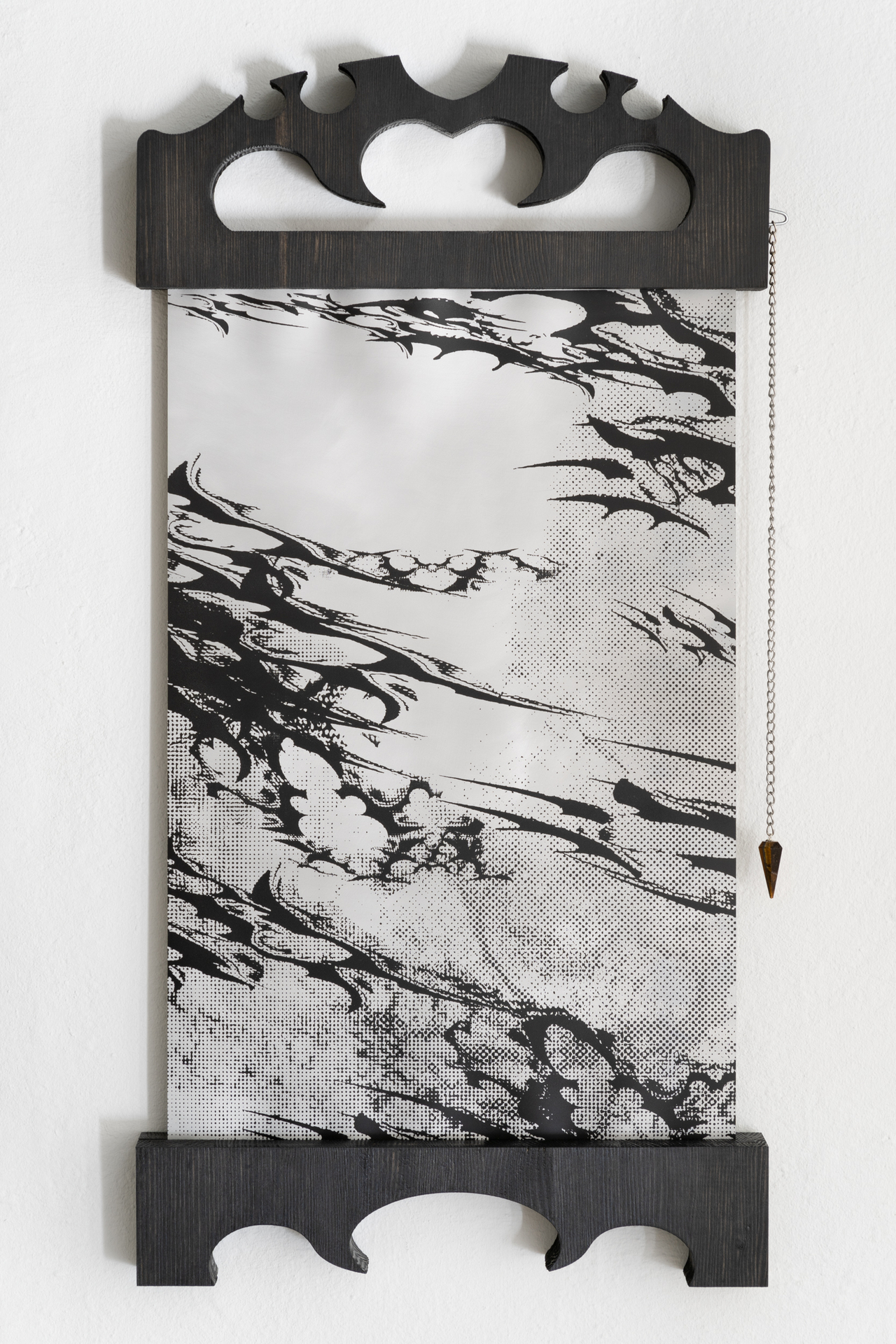 Inside Job (Ula Lucińska & Michał Knychaus), Scoria III, silkscreen on aluminium, wood, pendulum, 2021