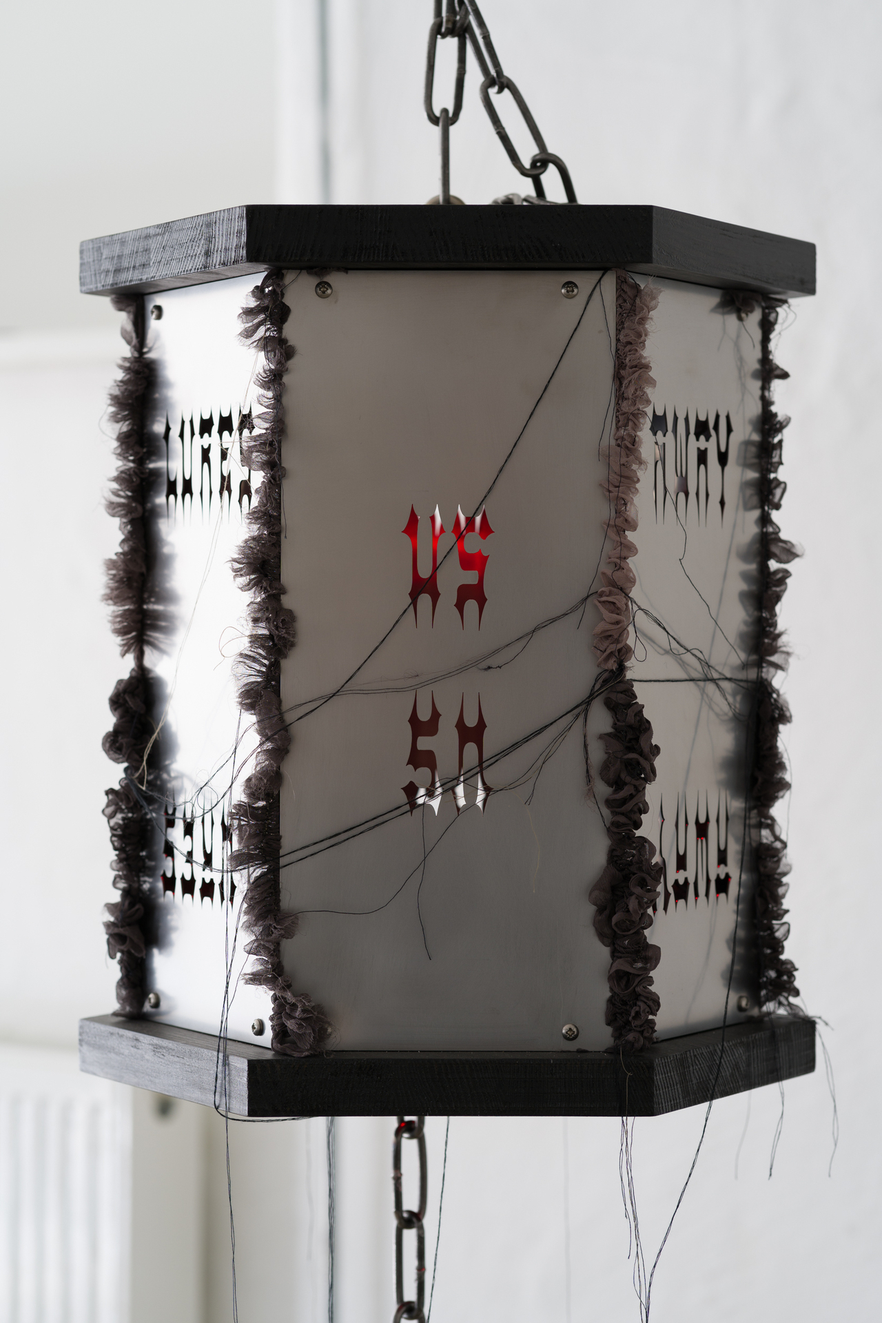 Inside Job (Ula Lucińska & Michał Knychaus), Kerosene (Lures us away), steel, wood, light, silk, aluminium, 2021