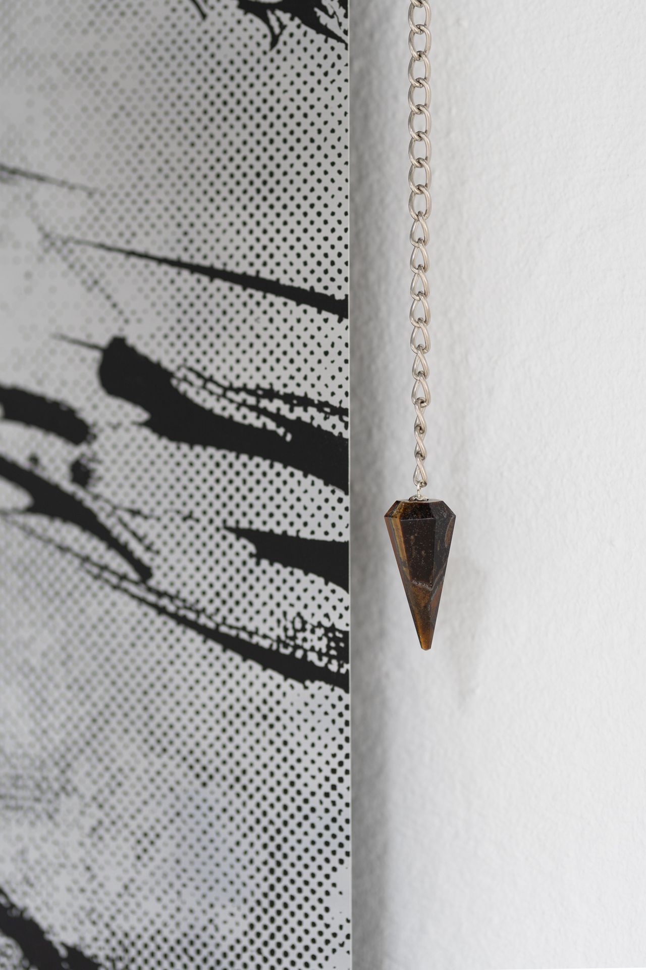 Inside Job (Ula Lucińska & Michał Knychaus), Scoria III, silkscreen on aluminium, wood, pendulum, 2021 (detail)