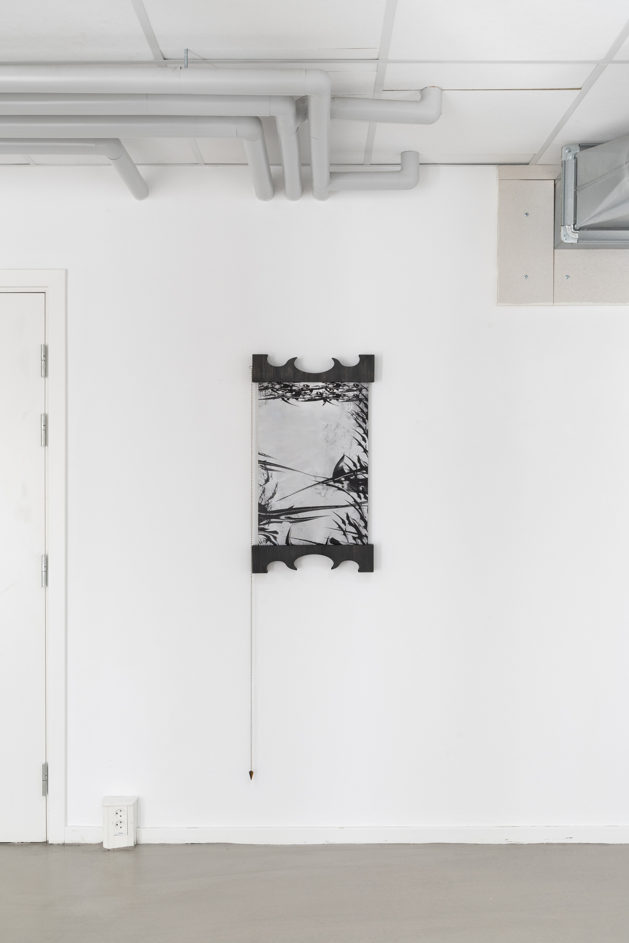 Inside Job (Ula Lucińska & Michał Knychaus), Scoria II, silkscreen on aluminium, wood, pendulum, 2021