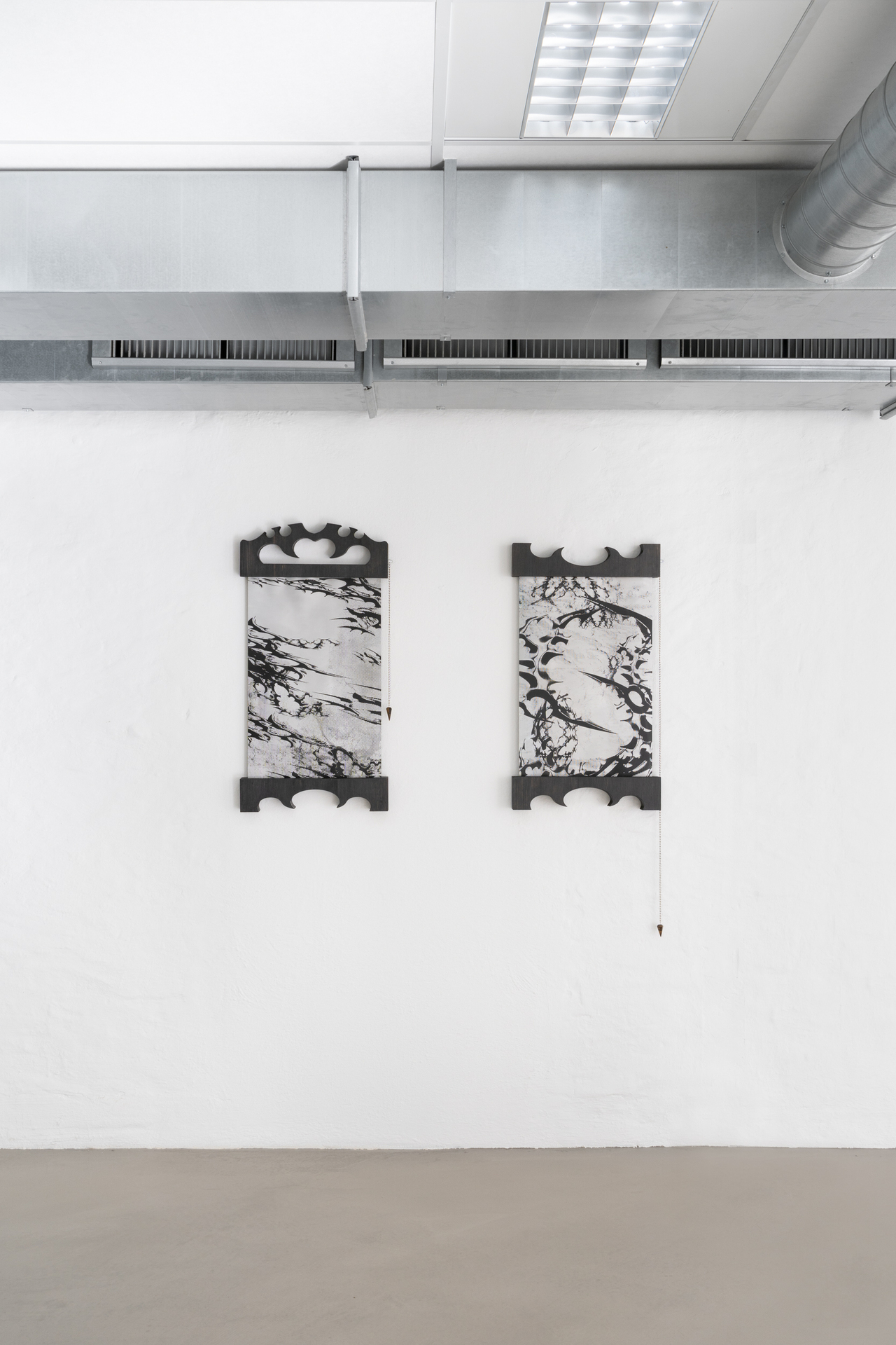 Inside Job (Ula Lucińska & Michał Knychaus), Scoria III & Scoria IV, silkscreen on aluminium, wood, pendulum, 2021