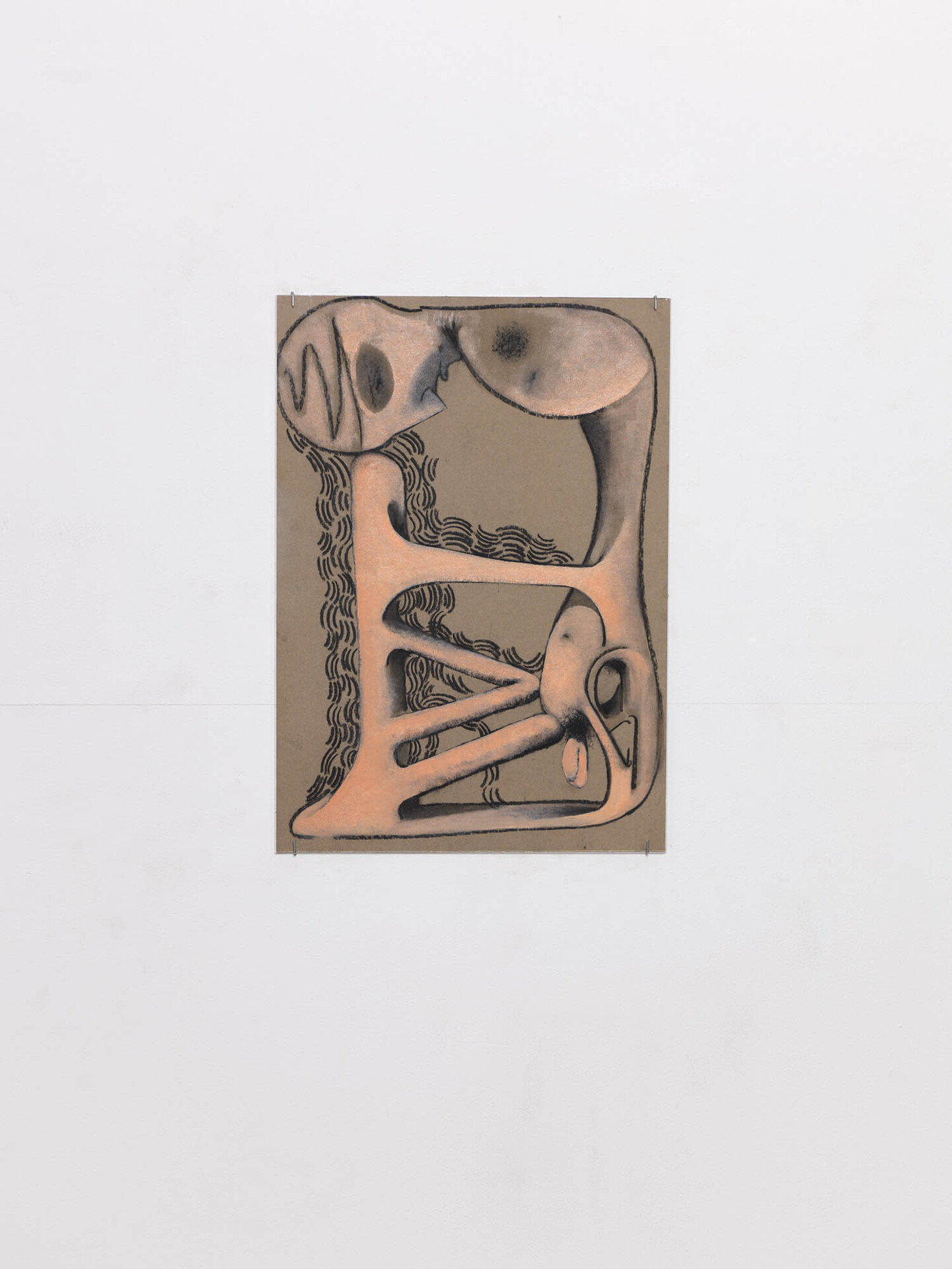 Mark Barker, as yet untitled (headache), 2020, Oil and charcoal on board, glass, pins, 42 cm x 29.7 cm