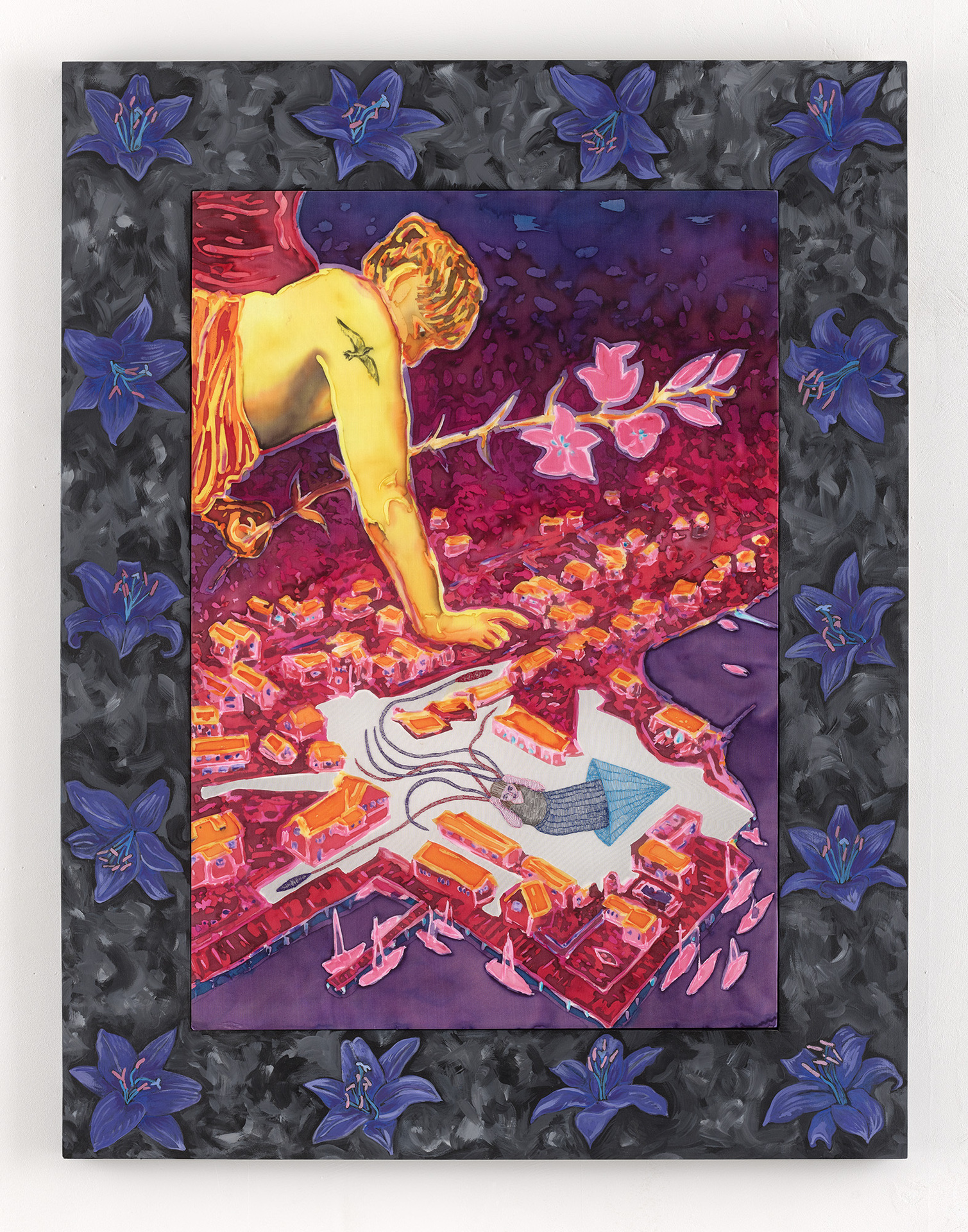 Paul DD Smith, Disquiet, 2021, Painted silk, cotton embroidery, acrylic on wood, 90 cm x 70 cm