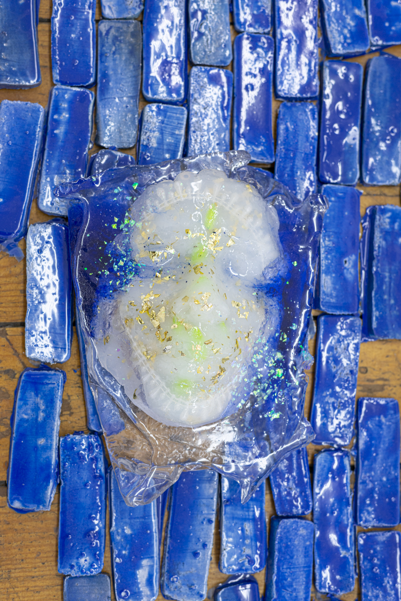 Theresa Weber, Transparency Masks, 2021, silicone,  collage, pigment in polyester resin, ca. 20 x 30 cm